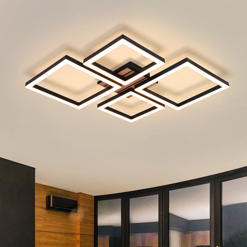 Plafoniera LED Nettlife 32W Negru Design Patrat Modern Aspect Lemn. Plafoniera Alb Cald pentru Dormitor Sufragerie bucătărie. Iluminat interior