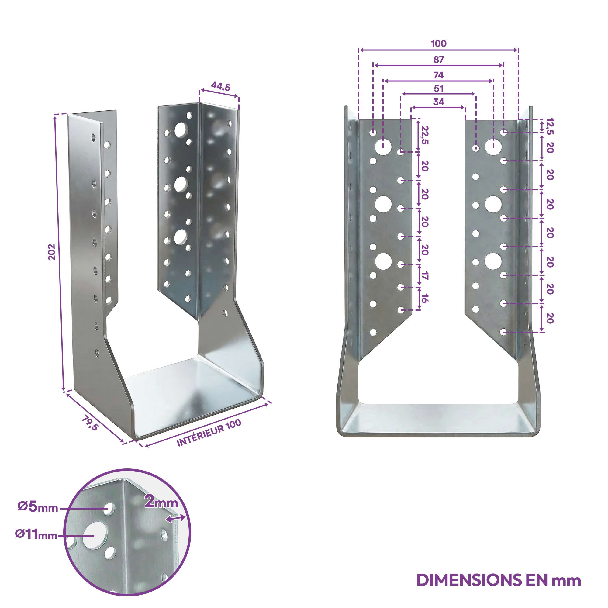 10 sabots de charpente à ailes intérieures - Larg. 100 x Ht. 202 mm - Connecteurs de poutres - Acier galva - Fabriqué en Europe - 2
