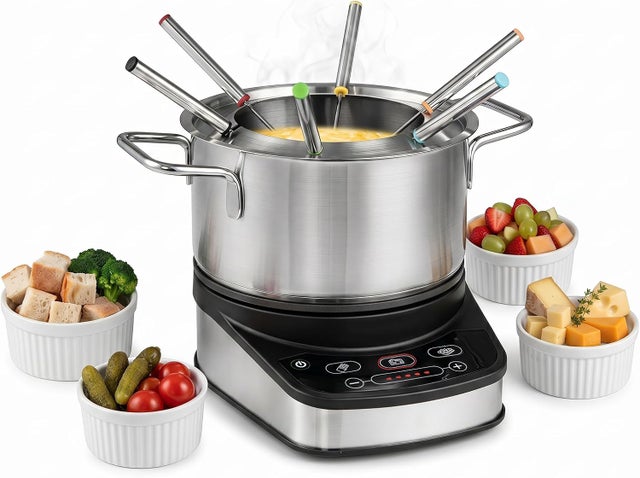 Zestaw do fondue 3L dla 6 osób, elektryczny zestaw do fondue ze stali nierdzewnej o mocy 1200 W z regulowanym termostatem, wyjmowaną podstawą