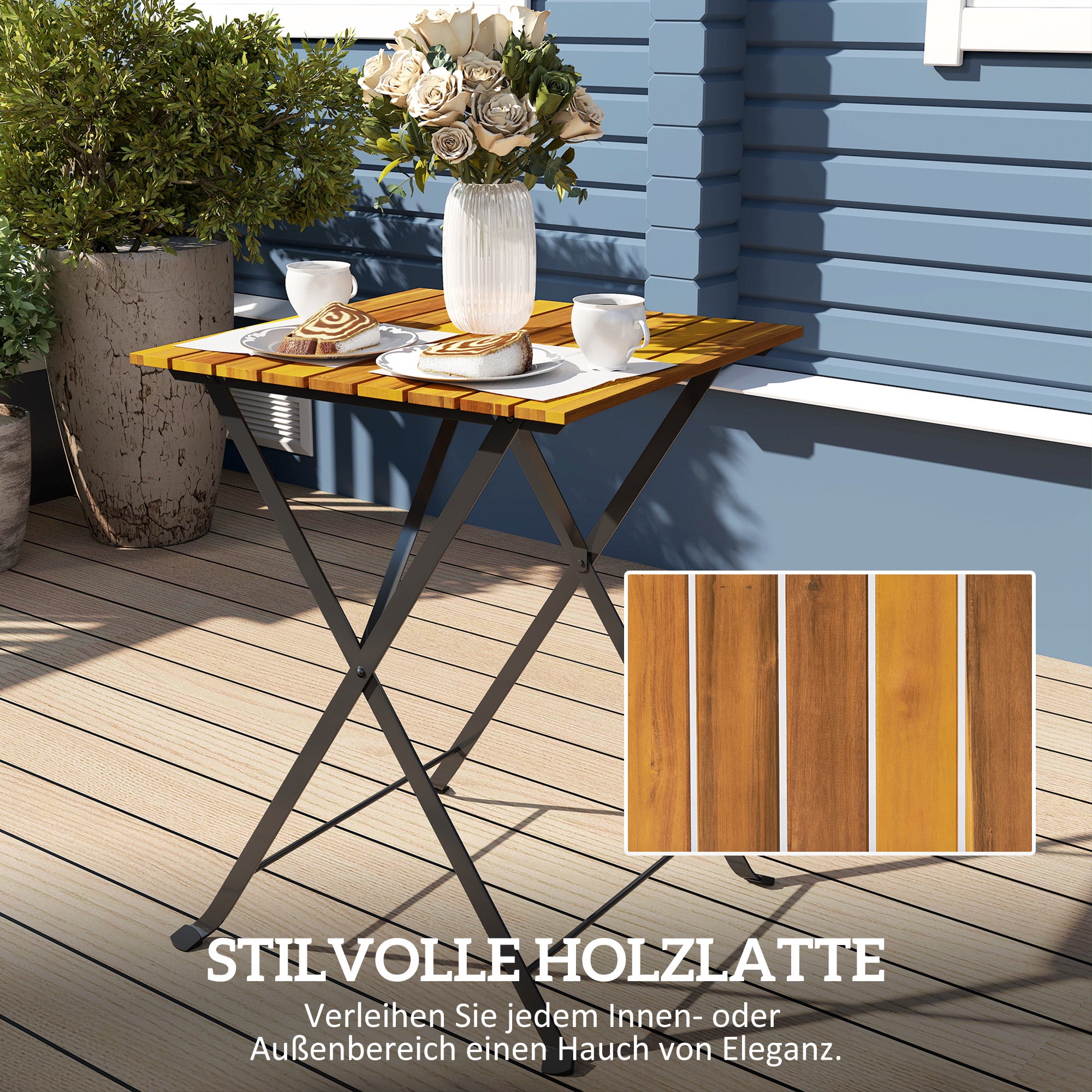Ensemble de salle à manger 3 pièces pour 2 personnes, table pliante avec 2 chaises pliantes pour terrasse/balcon, en teck - 8