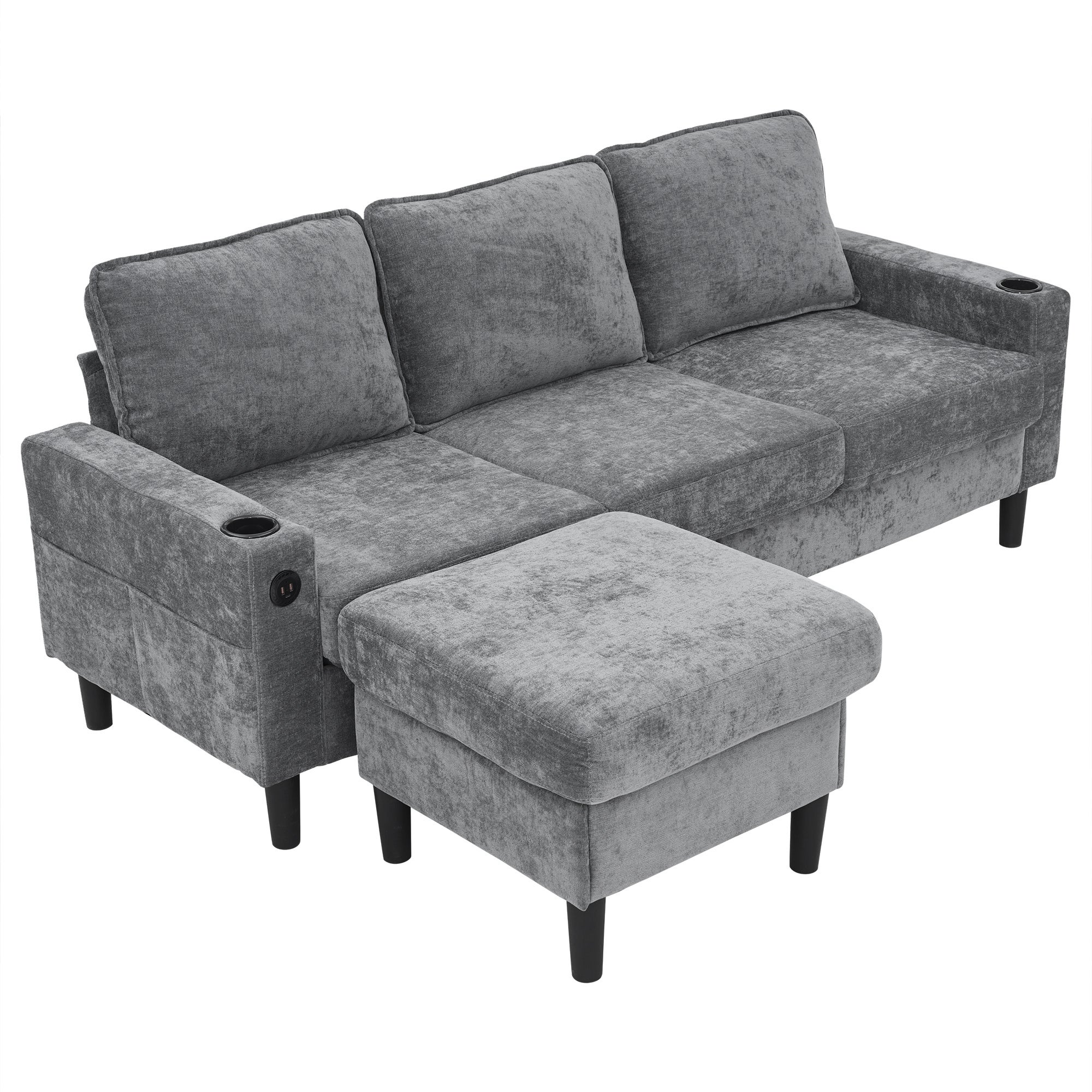 Canapé rembourré avec ports USB et Type-C, canapé 3 places avec deux porte-gobelets - Canapé-lit en L, gris, lin - 3