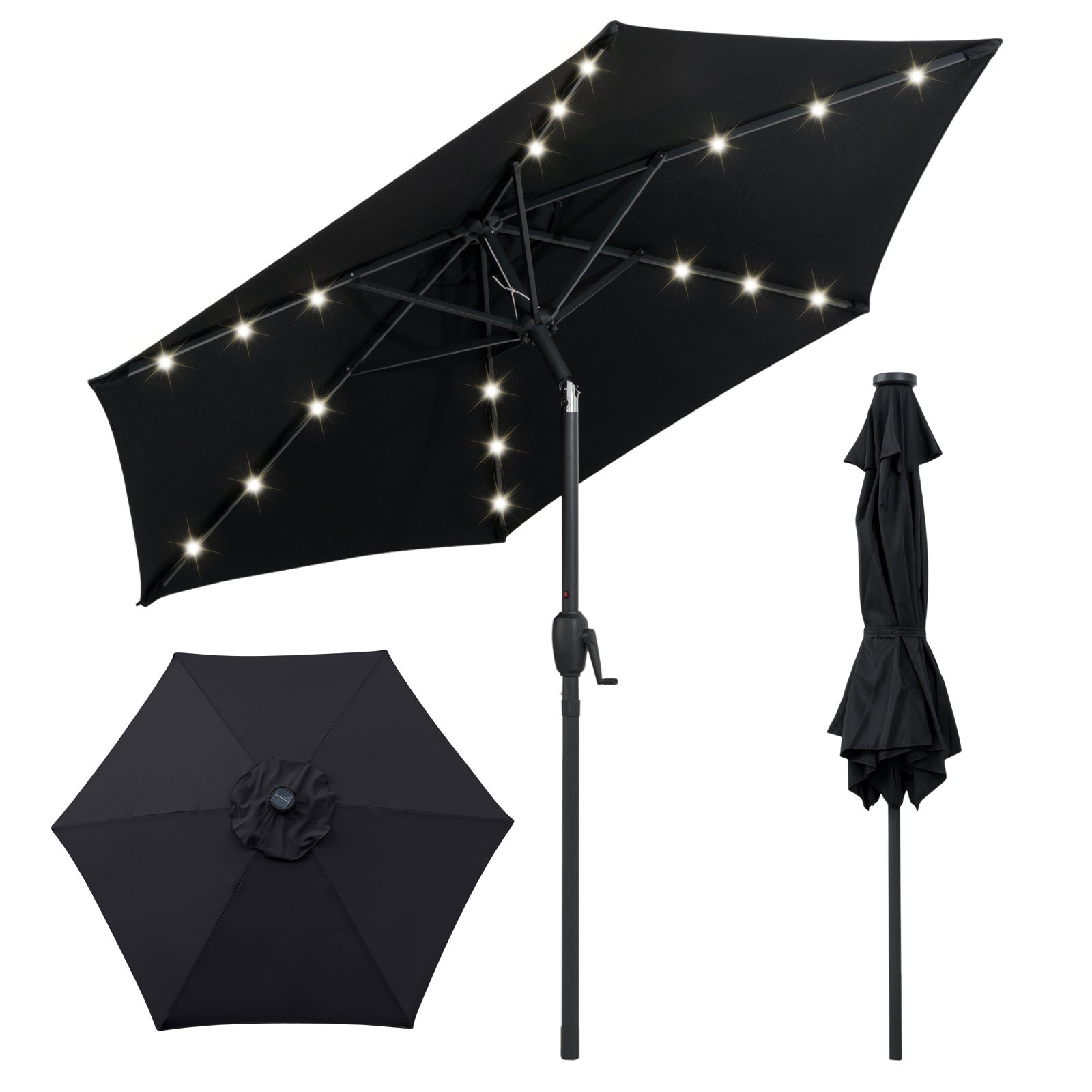 230 cm Solarny parasol przeciwsłoneczny z oświetleniem LED, uchylny przycisk, korba, markiza wentylowana, czarny