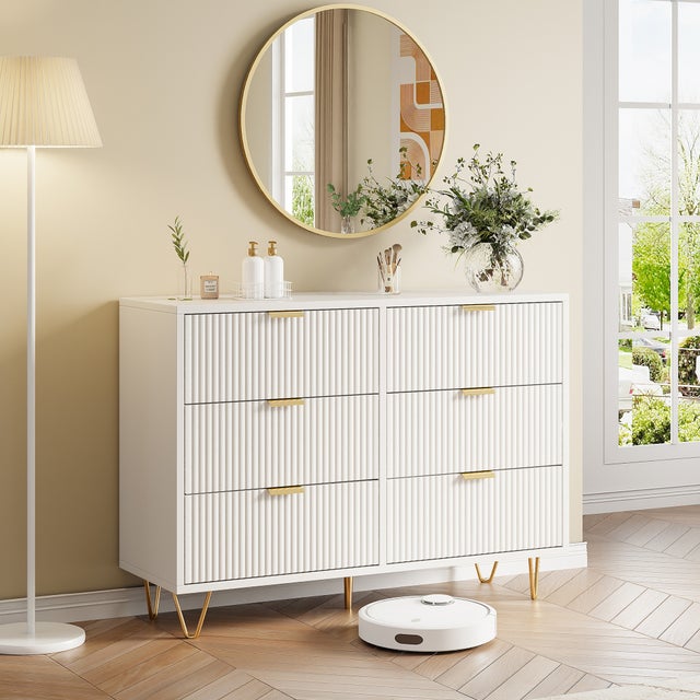 Commode à 6 tiroirs - 100 x 34 x 73 cm - avec poignées et pieds en métal doré - designe moderne armoire- blanc-pour Chambre à Coucher, Salon