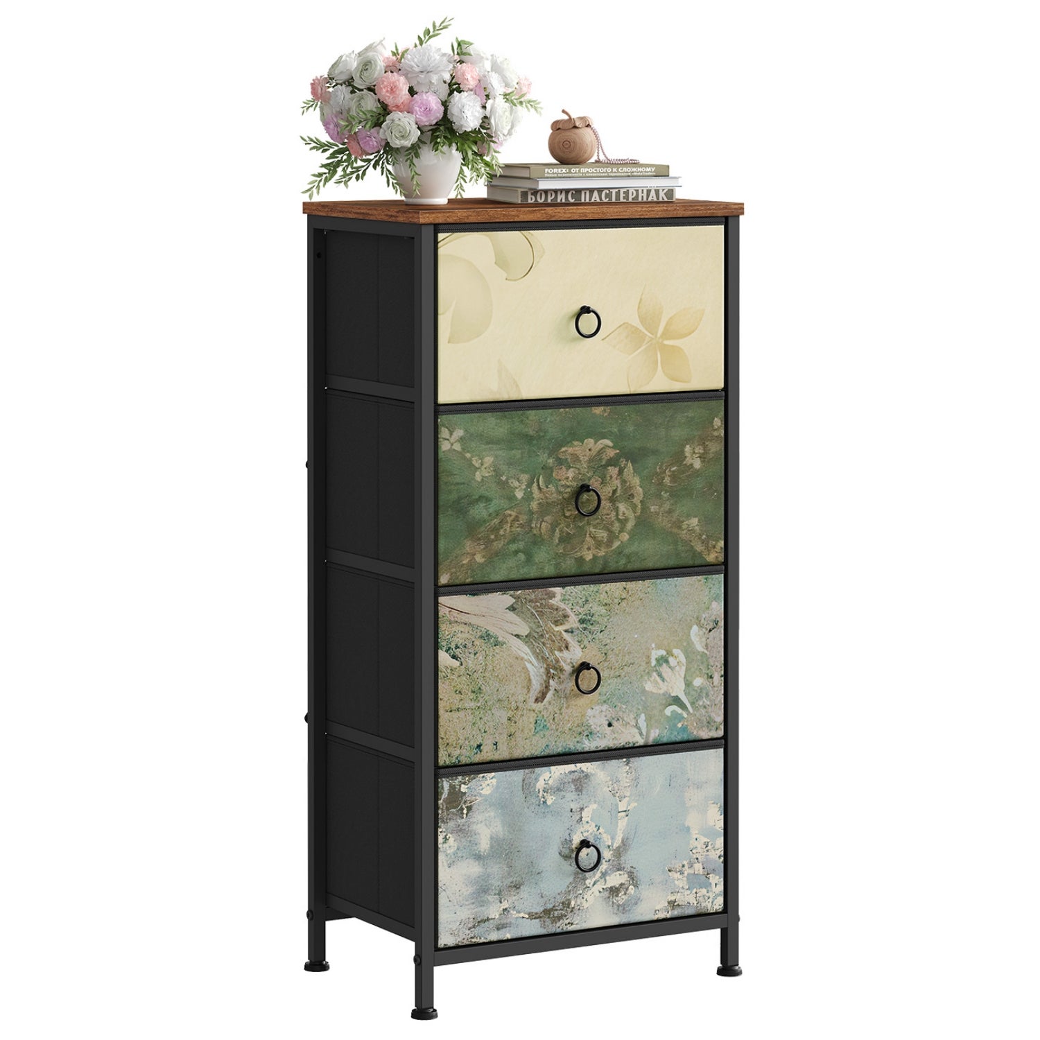 Commode 9 Tiroirs En Tissu Avec Motif Fleur Vintage – Cadre Métal – Rangement Chambre, Salon, Entrée – Marron Rustique - 3