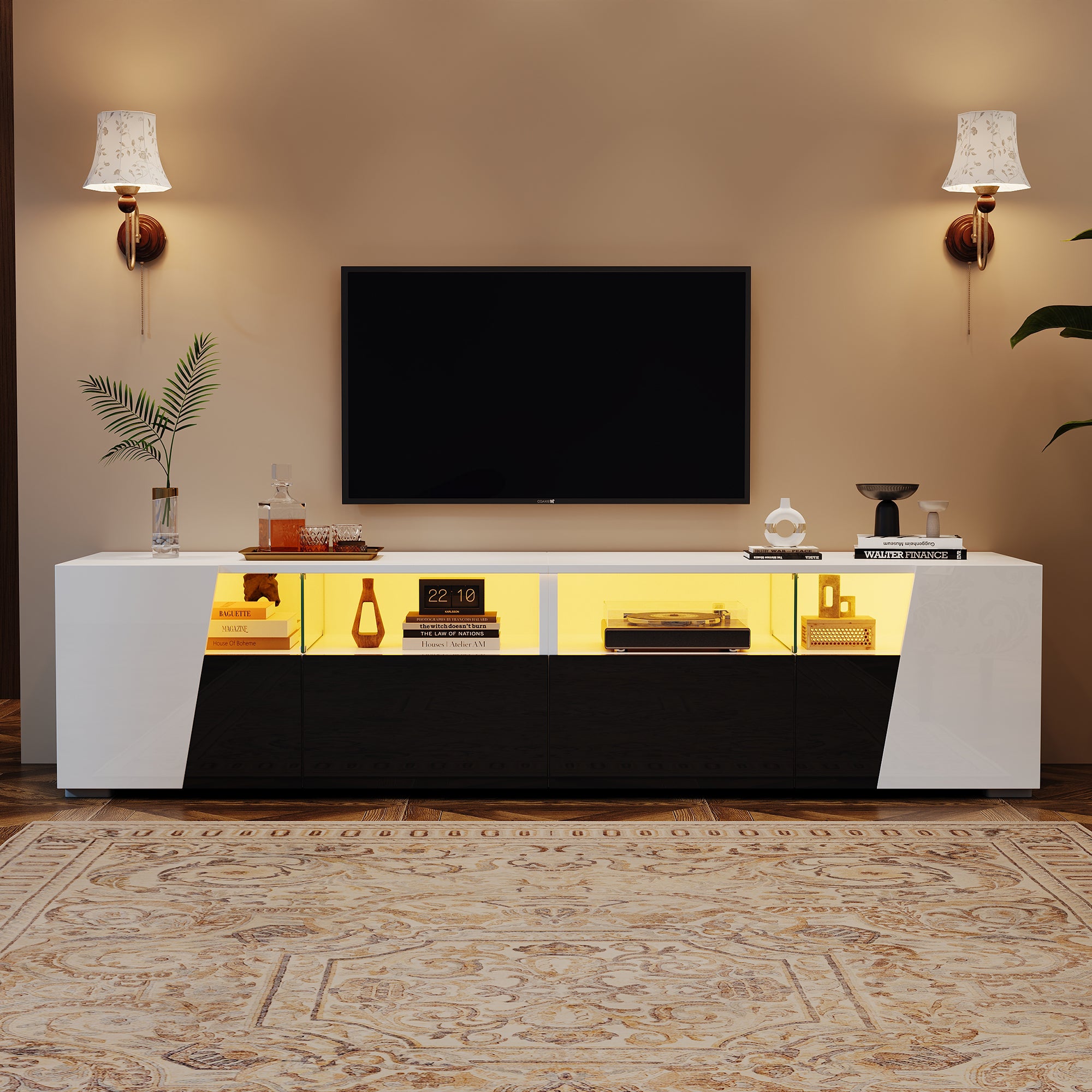 Meble pod TV 180x38,5x45 cm - z oświetleniem LED - 2 szuflady i 2 fronty - Otwarte półki - Błyszczące wykończenie - Biały + czarny - 2