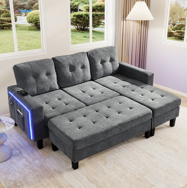 Sofá de canto conversível 3 lugares 185x135x85 cm, LED 5 cores, USB, puff amovível, chenille cinza