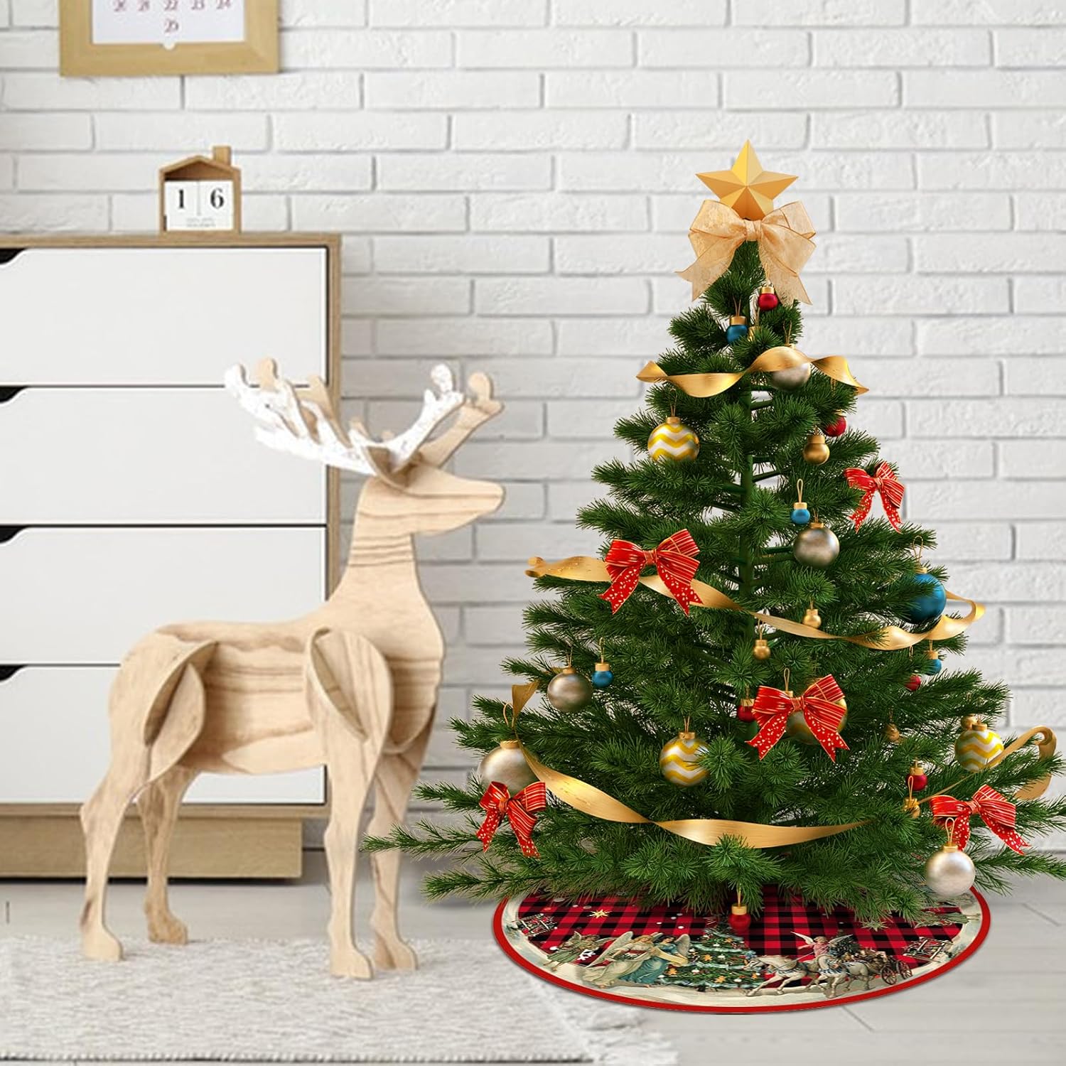 Saia para árvore de Natal, estampa de anjos, decoração para a base da árvore de Natal, 120 cm de diâmetro - 2
