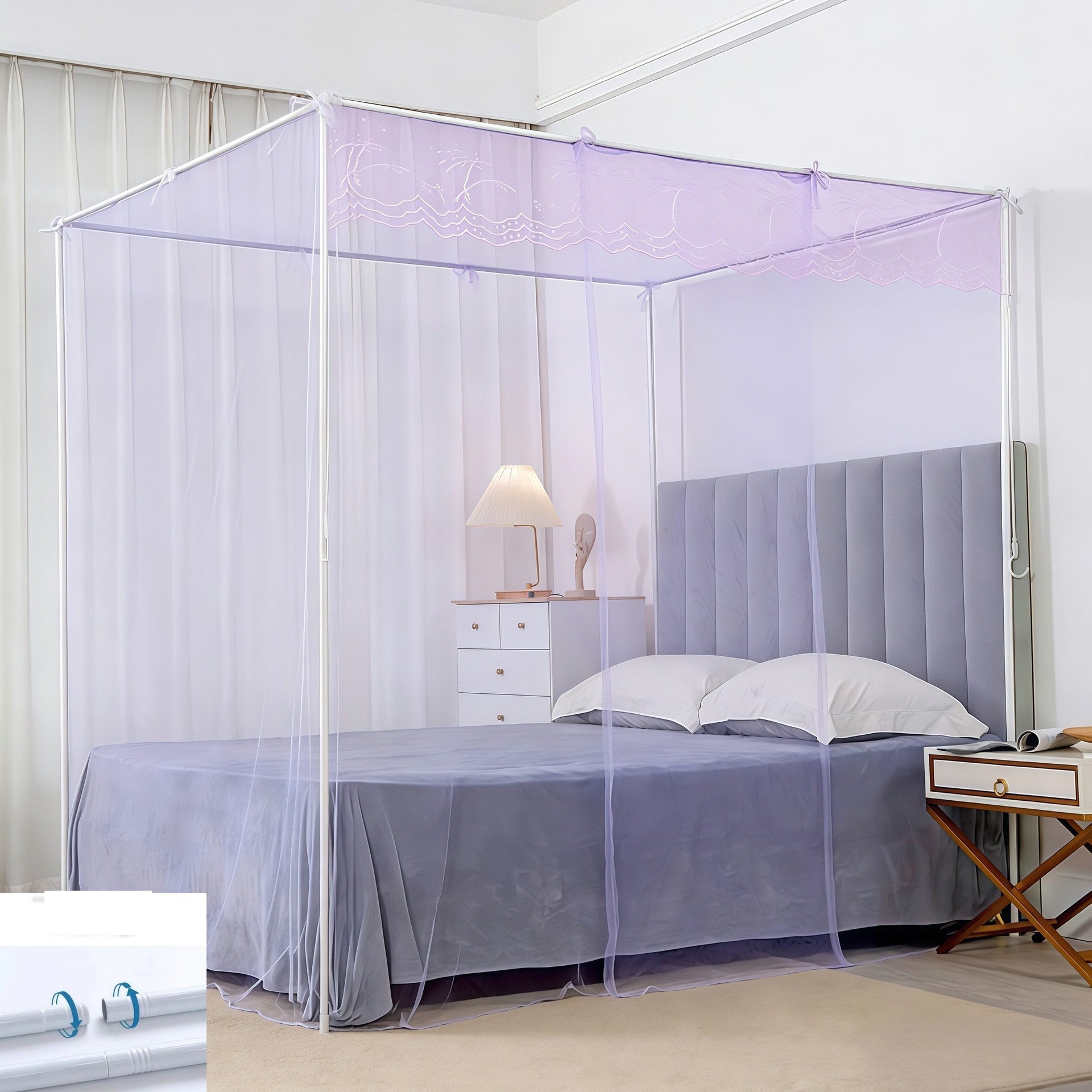 Estructura de mosquitera de pie (180 x 200 cm) + red — para dormir plácidamente, repelente de mosquitos y transpirable — apto para dormitorios —morado