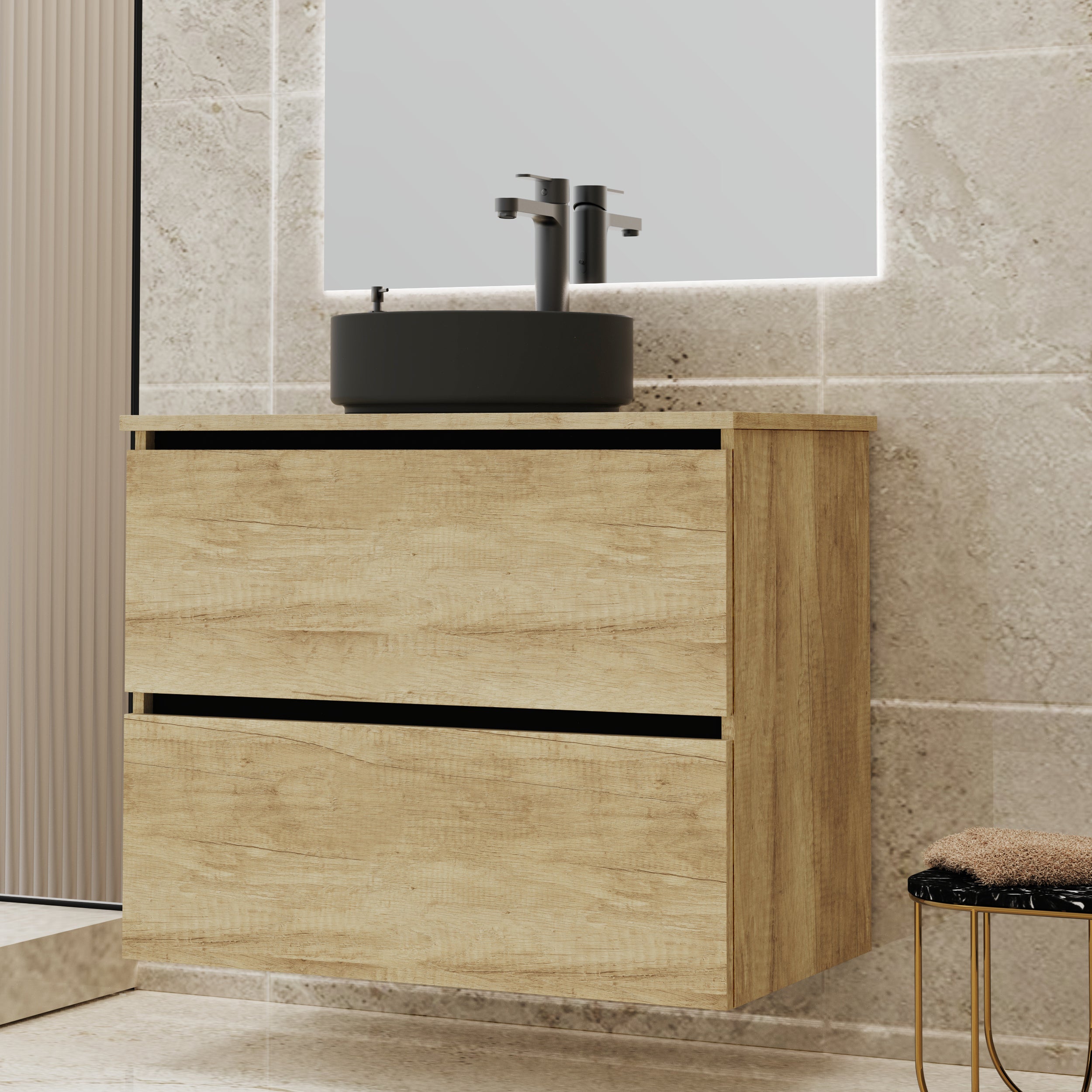 ENSEMBLE DE SALLE DE BAIN GLOOM | MEUBLE DE SALLE DE BAIN SUSPENDU | 80 CM NATURE | DEUX TIROIRS | LAVABO SUR PLAN | MEUBLE MONTÉ | ALDAY - 2