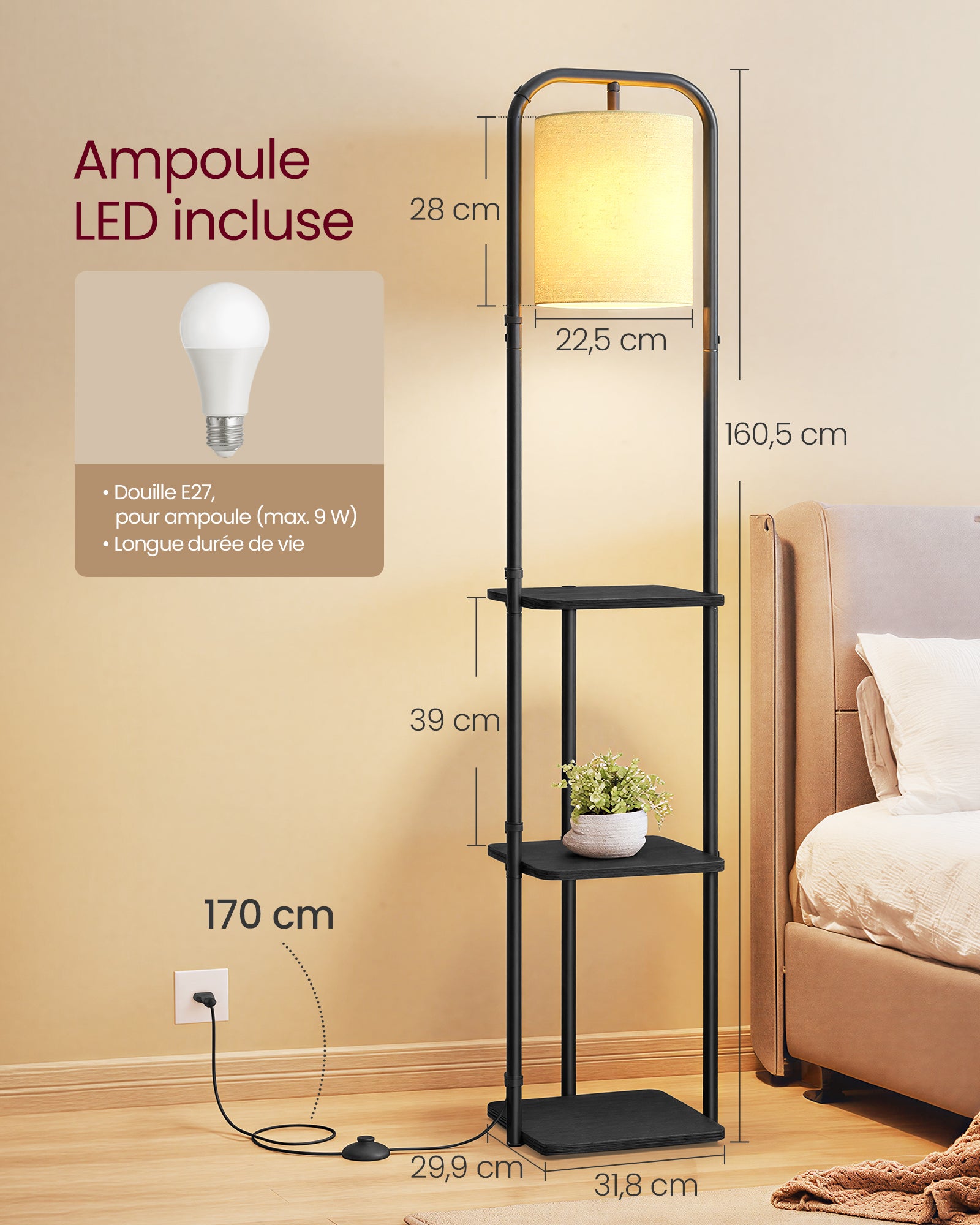 VASAGLE Lampadaire sur Pied, avec 3 Étagères, Lampe sur Pied, Ampoule LED Incluse, avec Interrupteur, Abat-Jour en Tissu, Noir d'Encre - 5