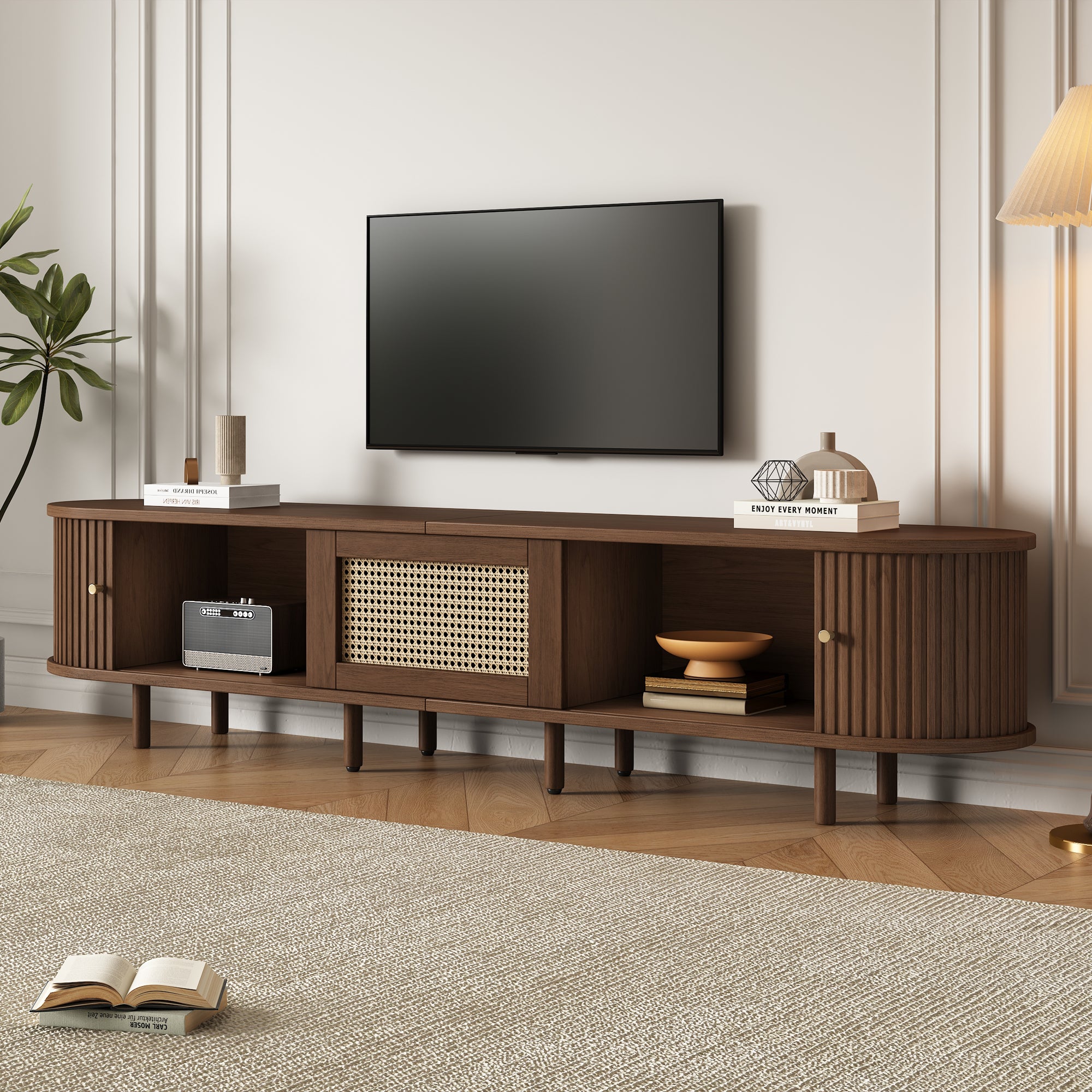 Owalna szafka RTV z 2 drzwiami przesuwnymi i 1 szufladą rattanową - 180 x 40 x 40 cm - drewno MDF - ciemny orzech - 4