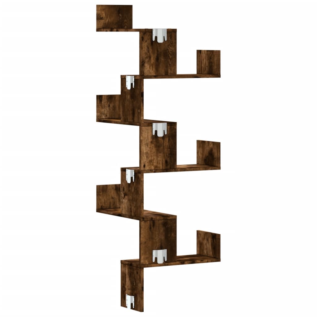 Étagère d'angle murale | Étagère flottante | Étagères de rangement chêne fumé 45x45x147cm bois d'ingénierie CFW97542 - 6