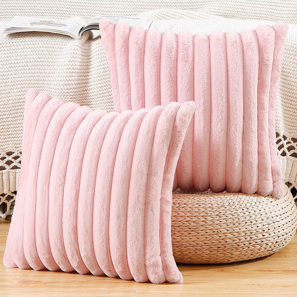 Lot de 2 housses de coussin décoratives en fausse fourrure, 45 x 45 cm, à rayures, douces et moelleuses, pour canapé et chambre à coucher - 2