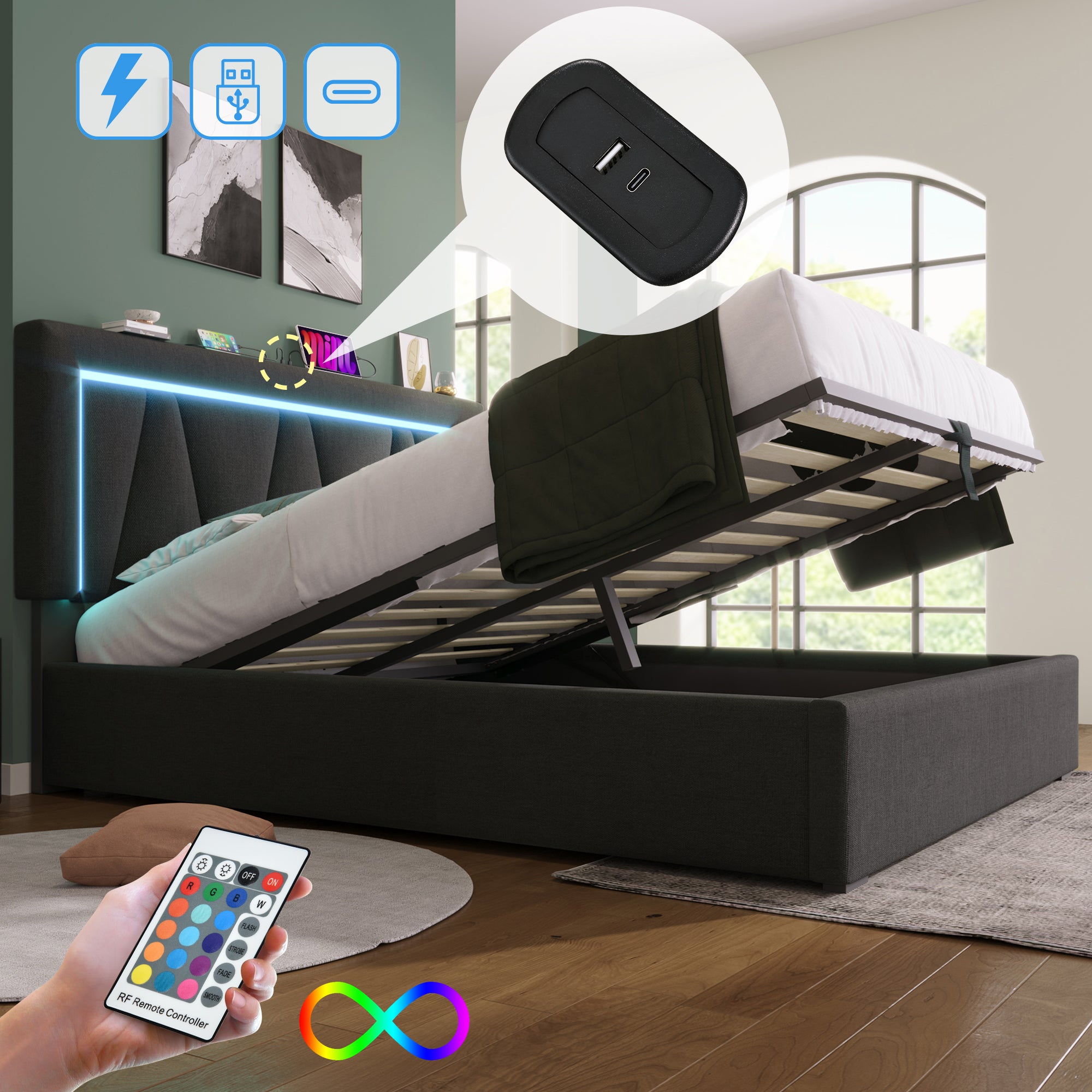 Cama contenedor 140 x 200 cm para adultos - USB + Tipo C + LED - tejido de lino - gris + Colchón - 4