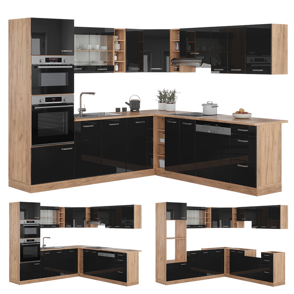 Vicco Cuisine en angle R-Line, Noir Haute brillance/Chêne de force doré, 247 x 237 cm, PT Chêne - 9