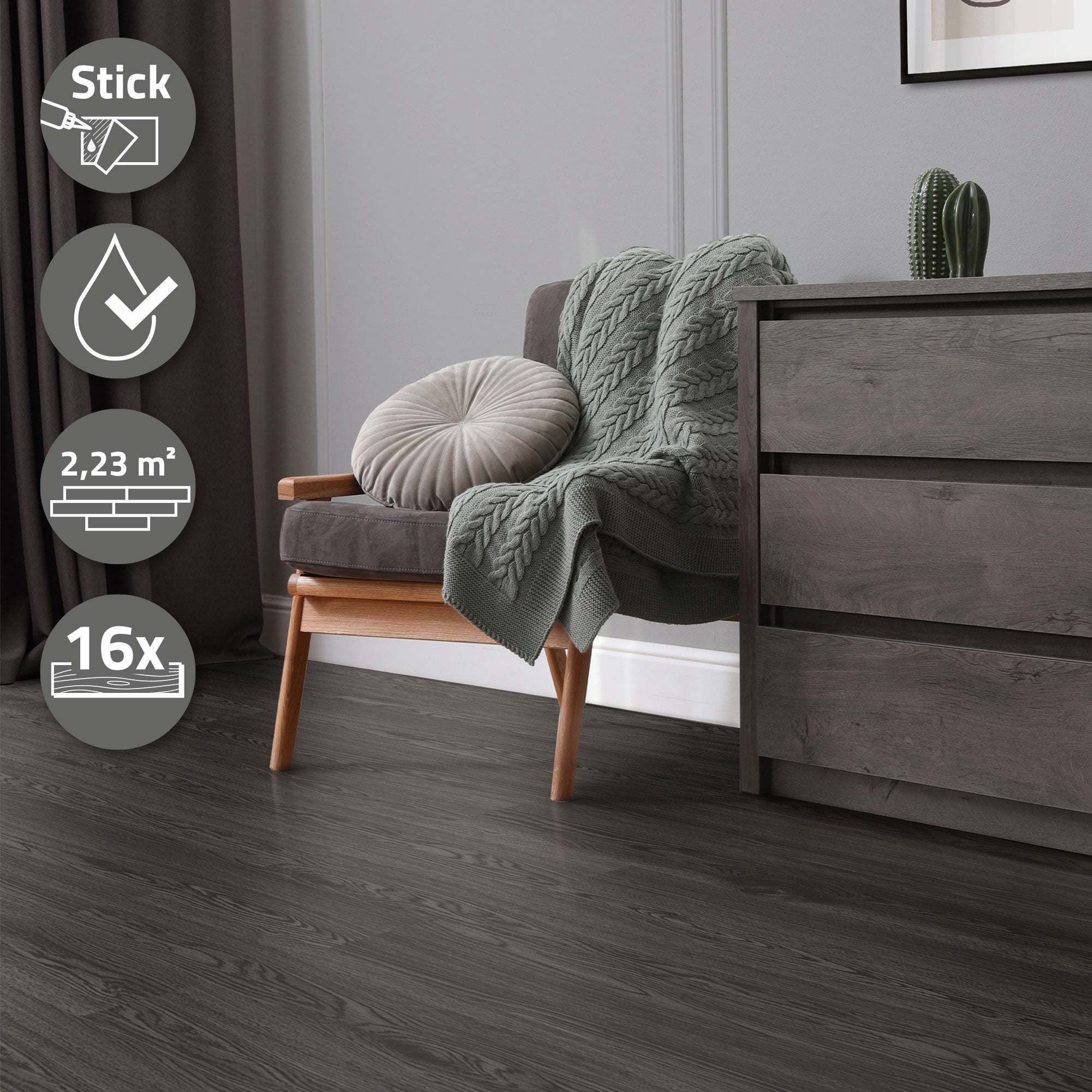 Revêtement de sol autocollant en PVC vinyle 2,23m²/16 planches 91,5 cm x 15,3 cm gris foncé aspect chêne antidérapant résistant à l'eau l'abrasion - 2