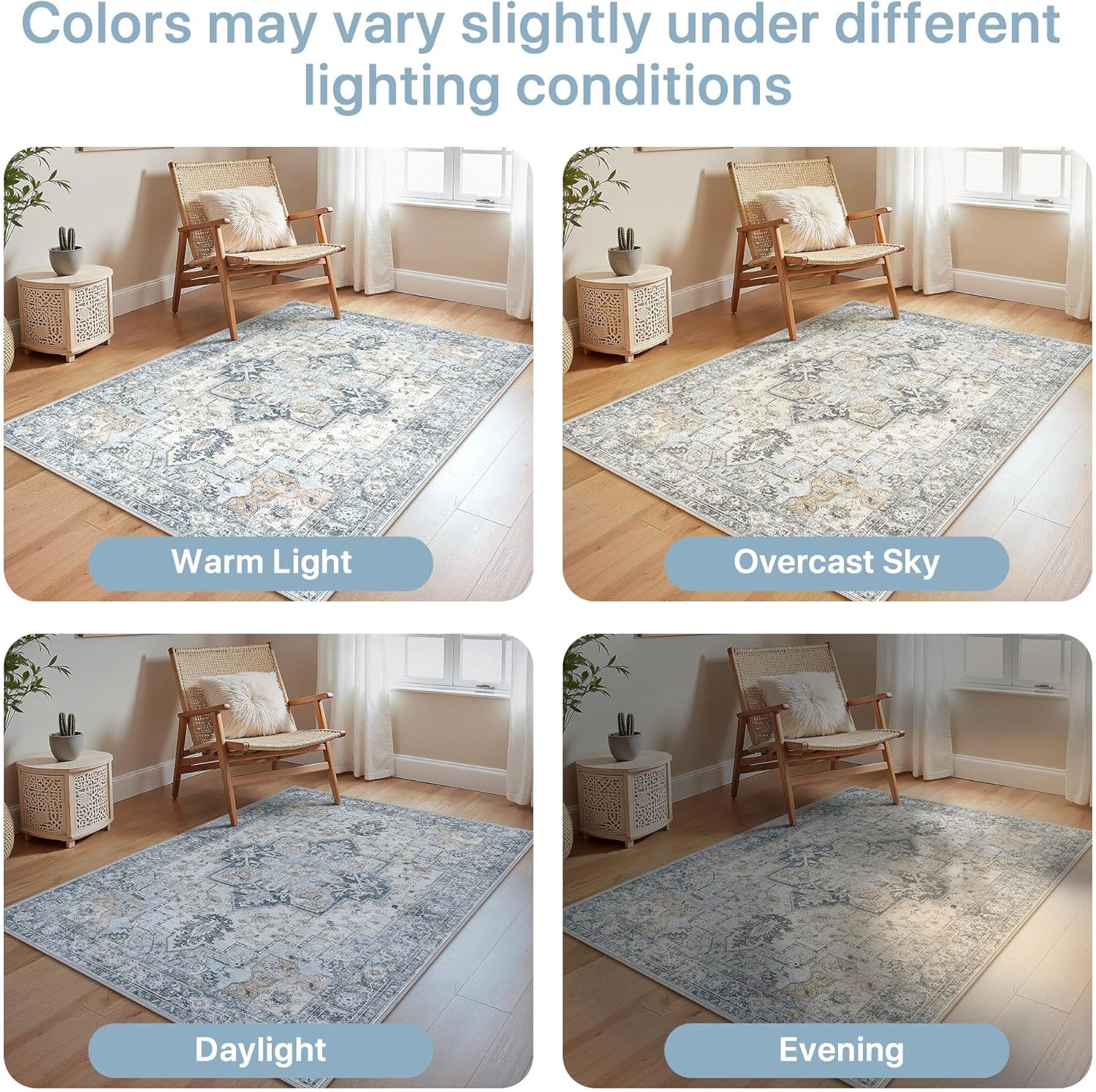 1 tapis de salon bleu vintage, 120 x 160 cm, envers antidérapant, lavable, poils ras, convient pour cuisines, salles à manger, bureaux et chambres - 6