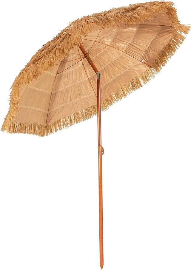 Sombrilla de Playa 200 cm, Sombrilla Hawaiana de Paja PP, Sombrilla Inclinable con 8 Varillas y Barra Plegable, Parasol para Exterior, Sin Base