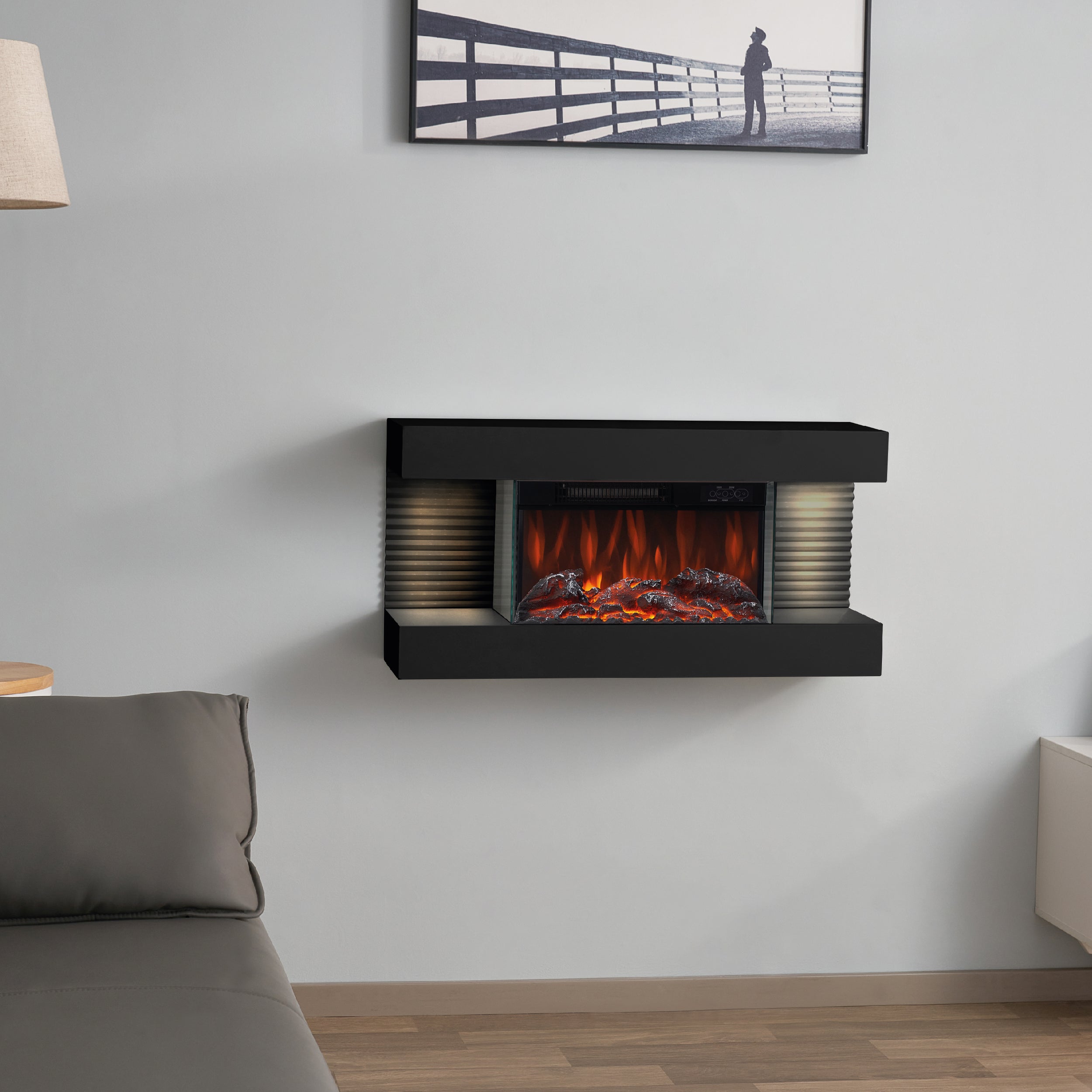 KAMINIO Cheminée électrique LIZ - Cheminée murale avec chauffage, effet de flamme 3D, Lumière d'ambiance LED, télécommande - Noir - 2