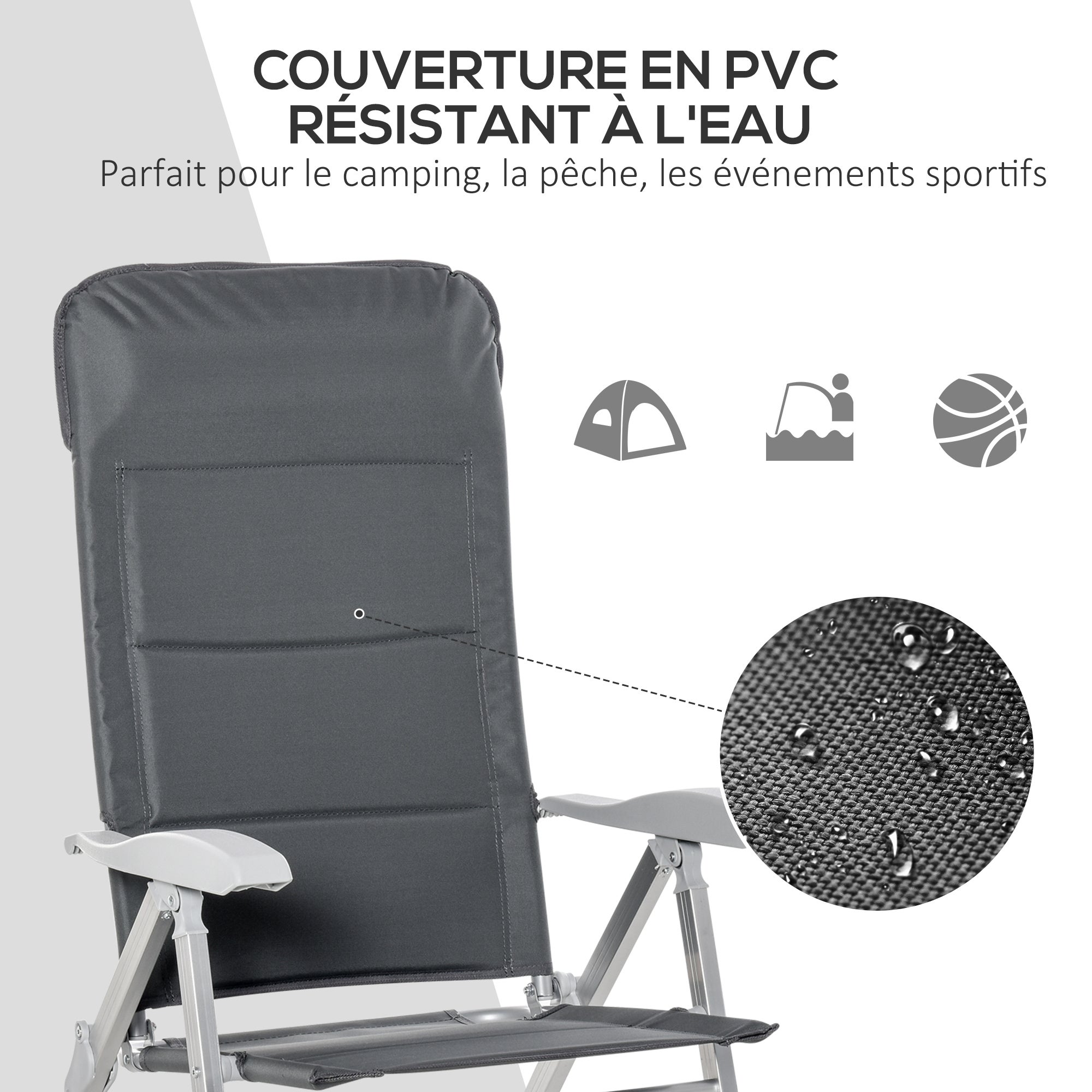 Lot de 2 chaises de jardin pliantes fauteuil d'extérieur avec dossier haut inclinable multipositions accoudoirs - 6