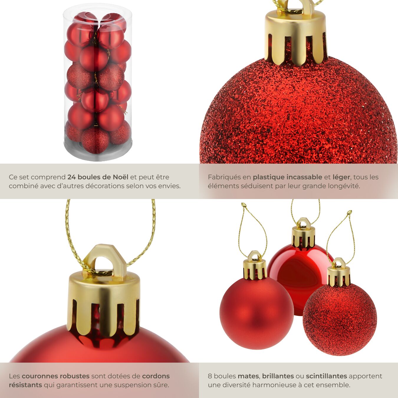TECTAKE Bolas de Natal Conjunto de 24 em vermelho - 5