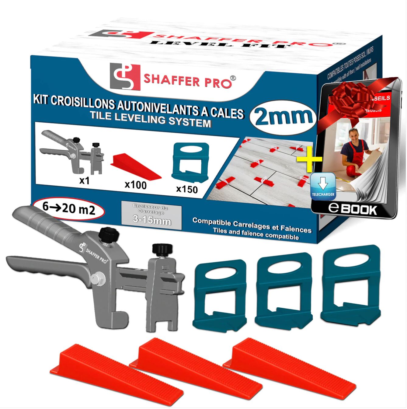 Kit 150 croisillons autonivelants et 100 cales SHAFFER PRO, Ep.2 mm - 2