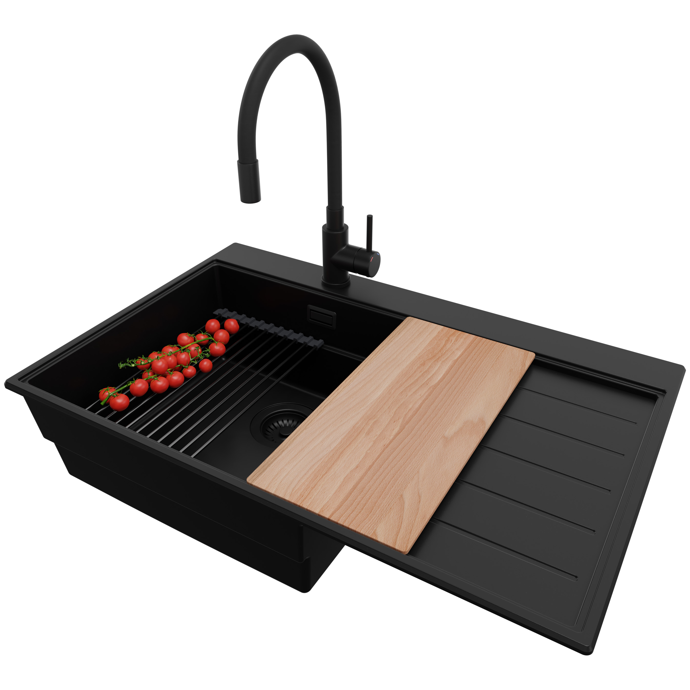 Zlewozmywak Granitowy Cały Czarny 78x50cm, Zlew Kuchenny 1 Komorowy + Syfon + Akcesoria, Nablatowy do szafki od 50cm - Sydney PRIMAGRAN