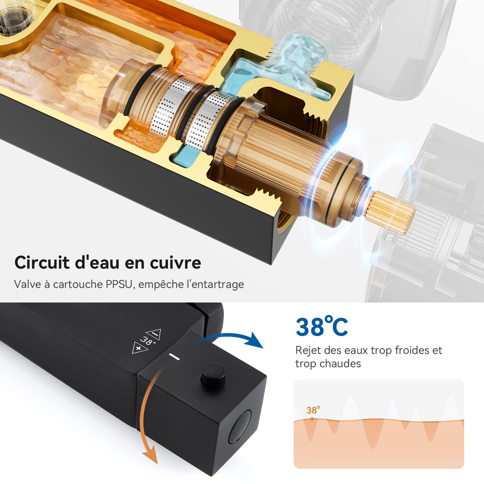 Coluna Duche Preta com Misturadora Termostática em Latão,Conjunto Duche Quadrado 215x215mm,Barra Inoxidável,Altura Ajustável 1100 -1370mm - 2