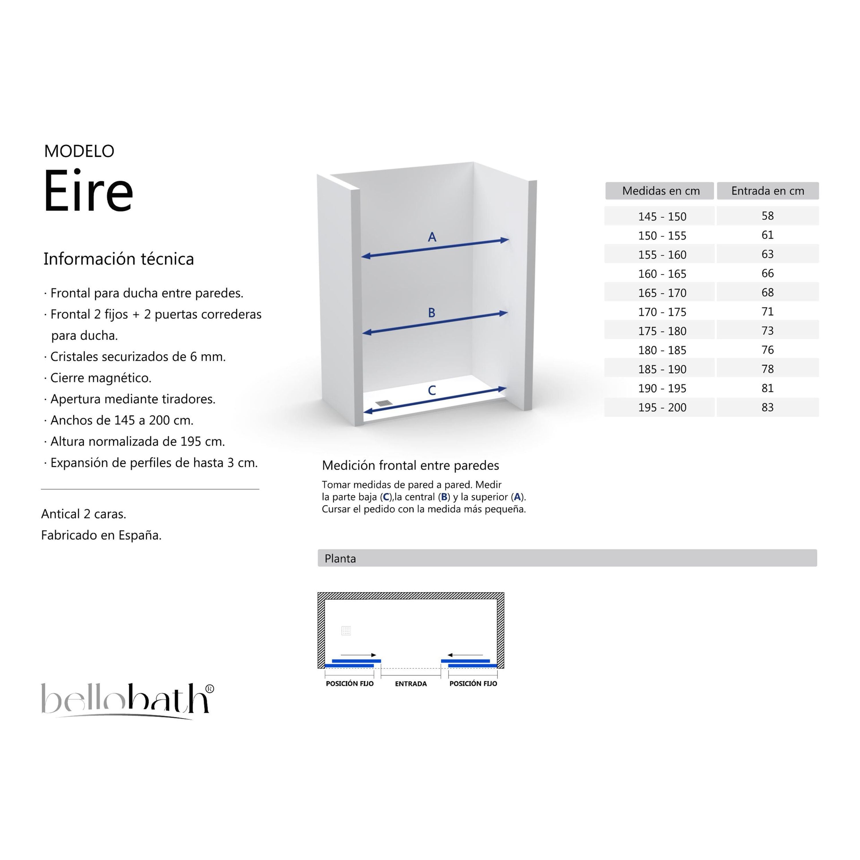 BELLOBATH -Mamparas de ducha frontal 2 hojas correderas + 2 fijos -Cristal templado 6 mm antical -Negro Mate -Ancho adaptable 180-185cm - Alto 195cm - 5