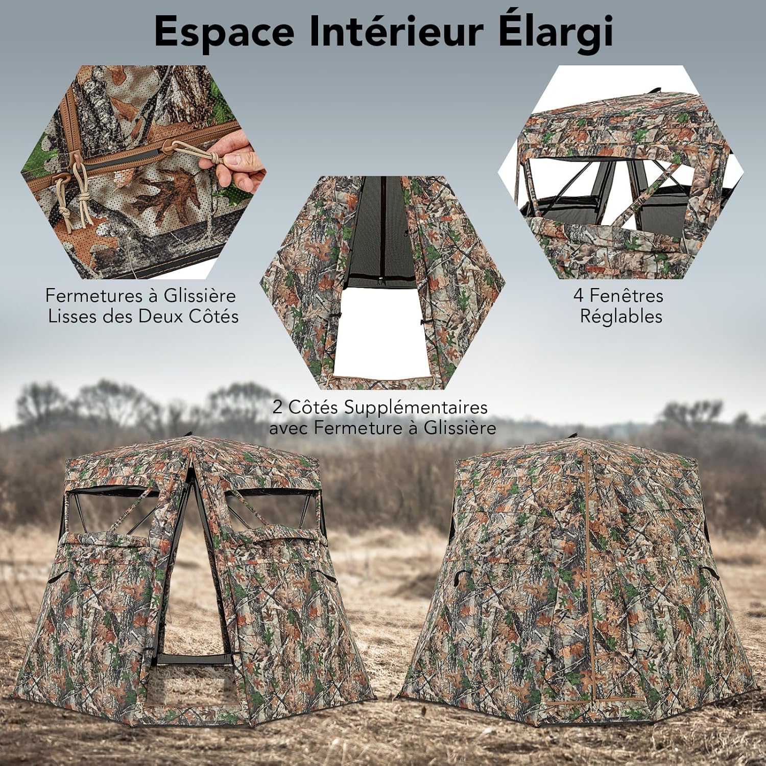 Tenda da Caccia per 2-3 Persone, Tenda Mimetica a Visione a 360° Trasparente per Caccia, Tenda Pop-Up Camouflage con Borsa da Trasporto, Attre - 2