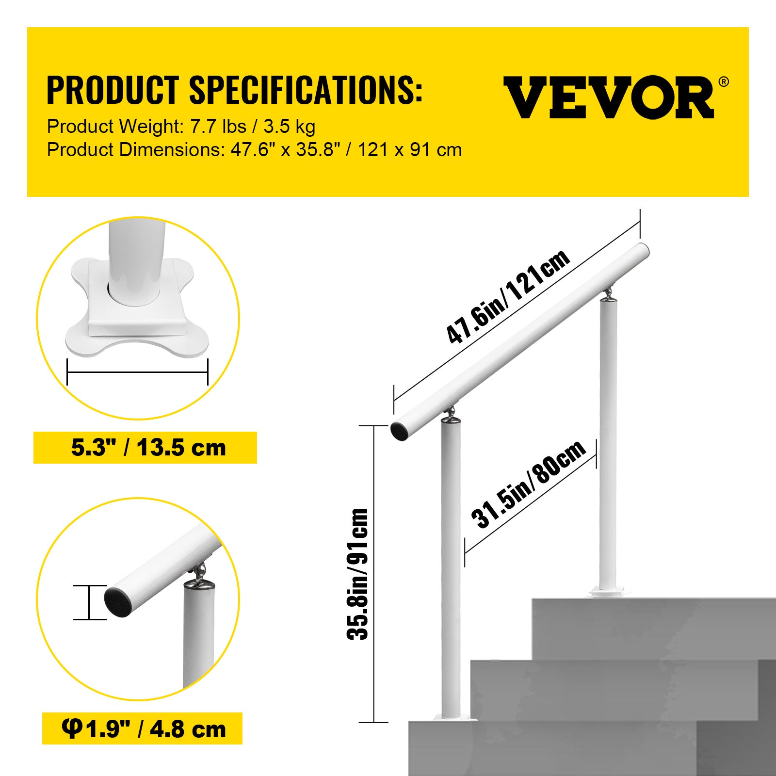 Kit Rampe d’Escalier Blanche en Aluminium/Fer,VEVOR Garde-Corps Extérieur pour Terrasse ou Construction,Main Courante Balustrade Robuste - 7