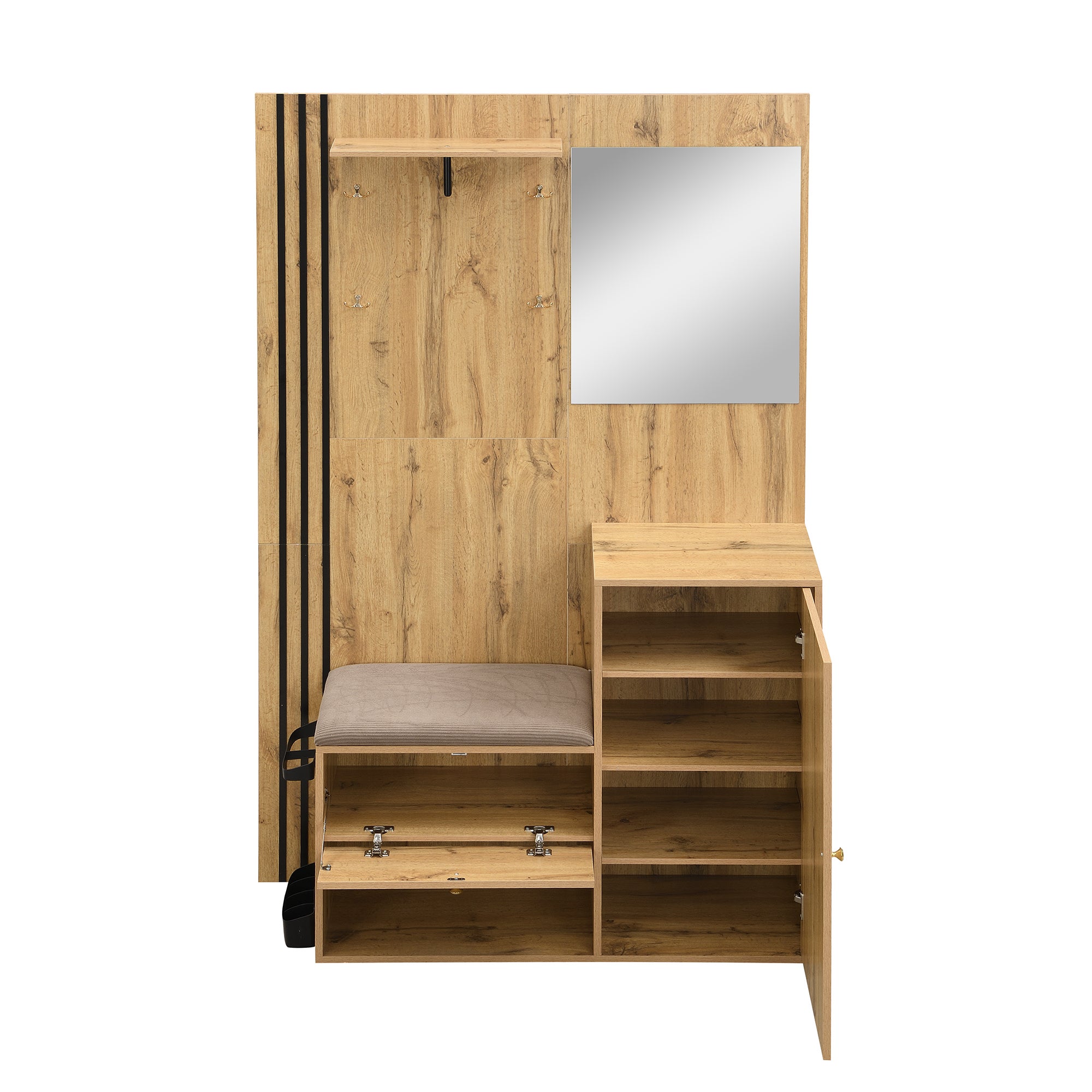 Ensemble vestiaire d'entrée 115x37x185 cm - avec miroir et crochets - acec siège rembourré - Porte-parapluie - Naturel - 6