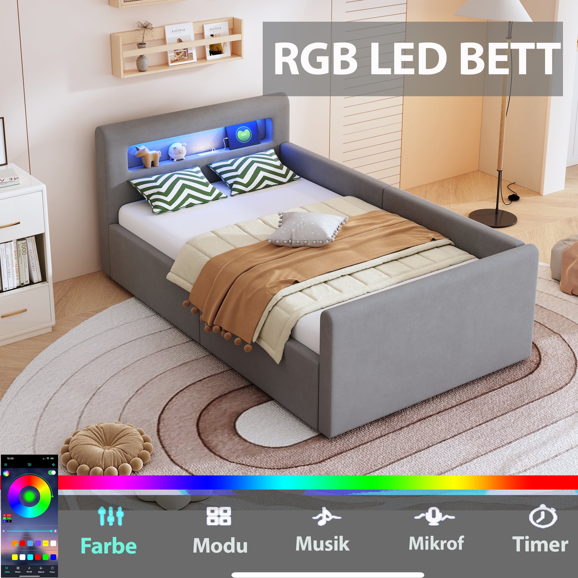 Lit enfant rembourré 90x200 cm, avec éclairage LED, veilleuse et port de charge USB, étagère, espace de rangement, lit simple, gris clair - 6