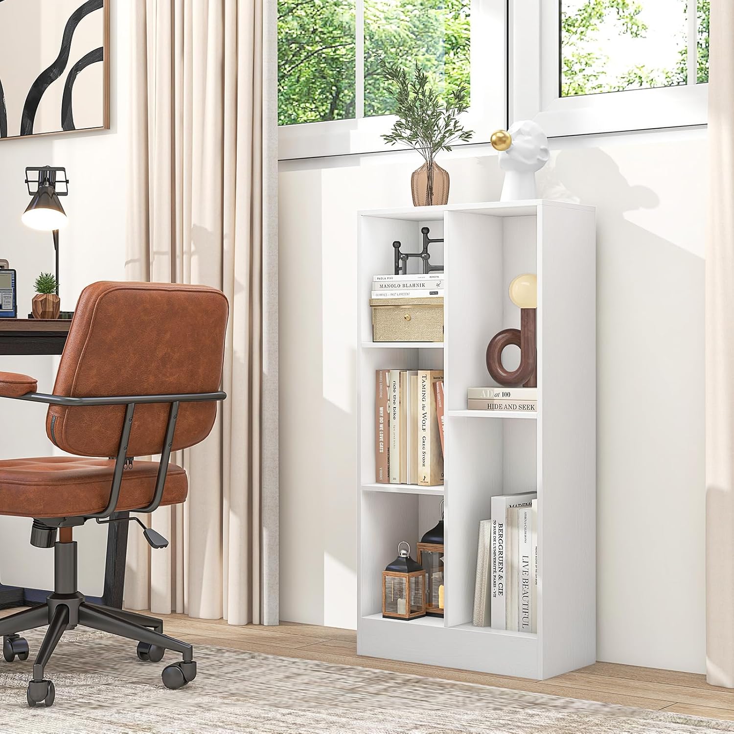 Libreria a 5 Cubi, Organizzatore di Stoccaggio Autoportante a 3 Livelli con 2 Kit Antiribaltamento, Mensola in Legno per Soggiorno Camera da L - 5