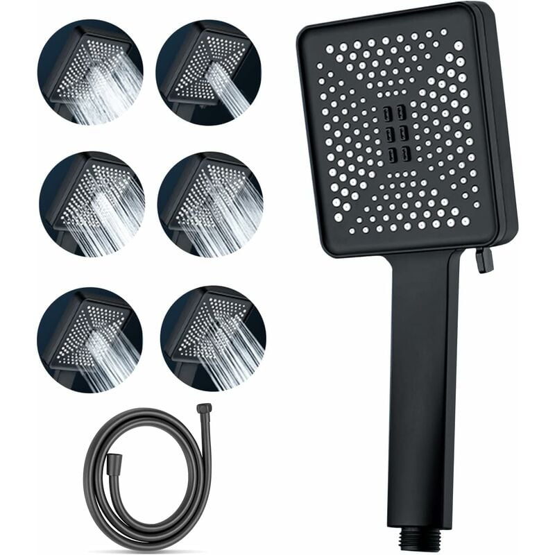 6 rodzajów głowic prysznicowych z masażem, głowica prysznicowa z wężem 1,5 m, głowica prysznicowa wysokociśnieniowa (czarna)
