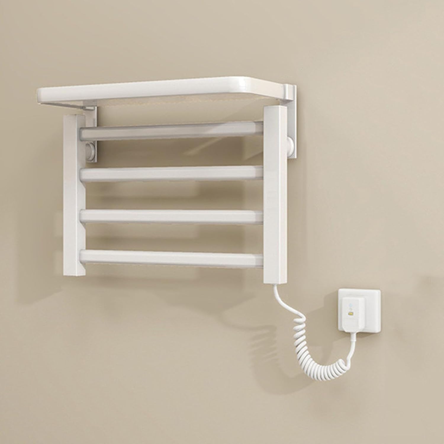 Etryczny grzejnik ścienny na ręczniki do łazienki, ze stopu aluminium, stała temperatura, stopień ochrony IPX4, kolor biały.