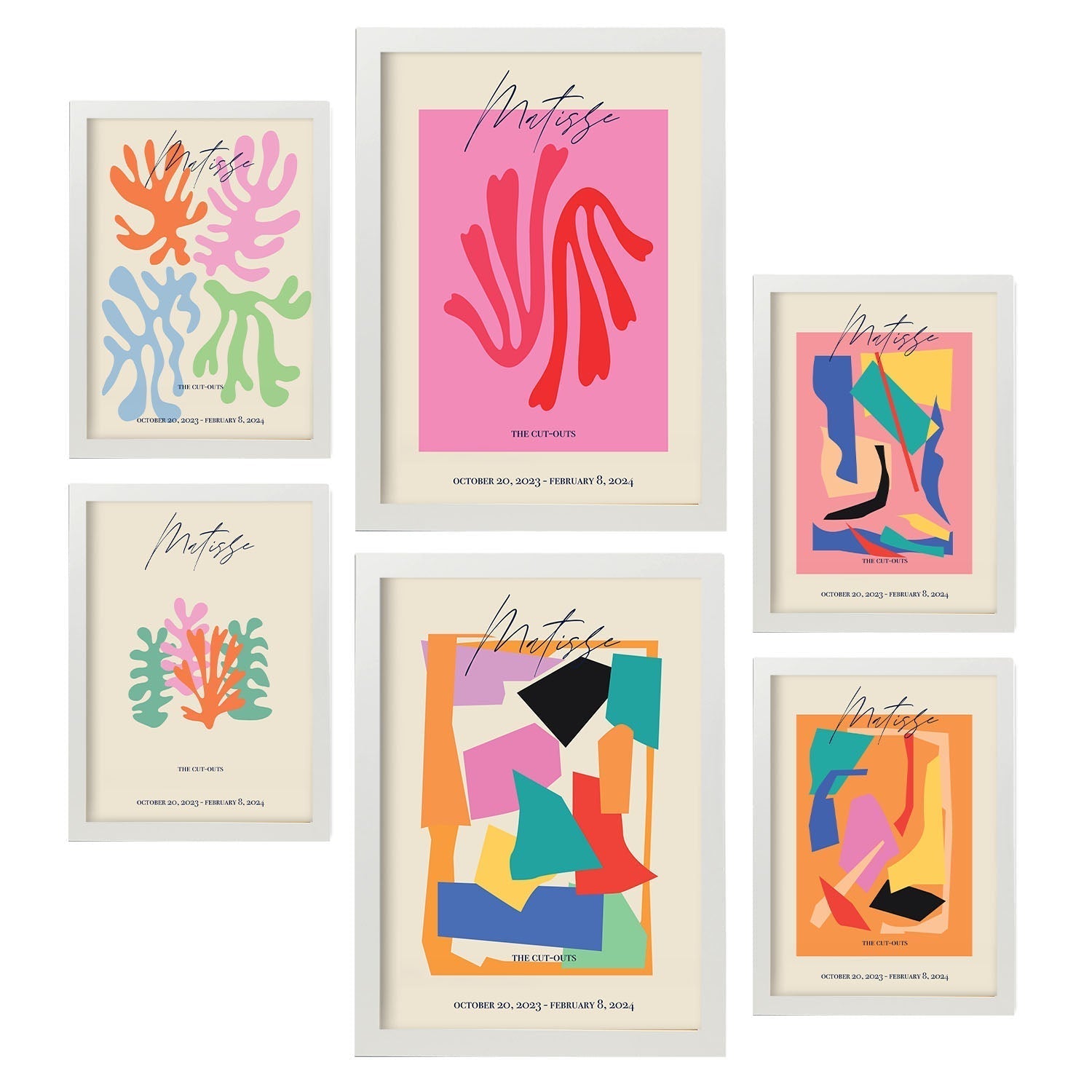 Set de 6 posters matisse. coleccion de láminas con estetica collage para la tamanos a3 y a4 con marco blanco