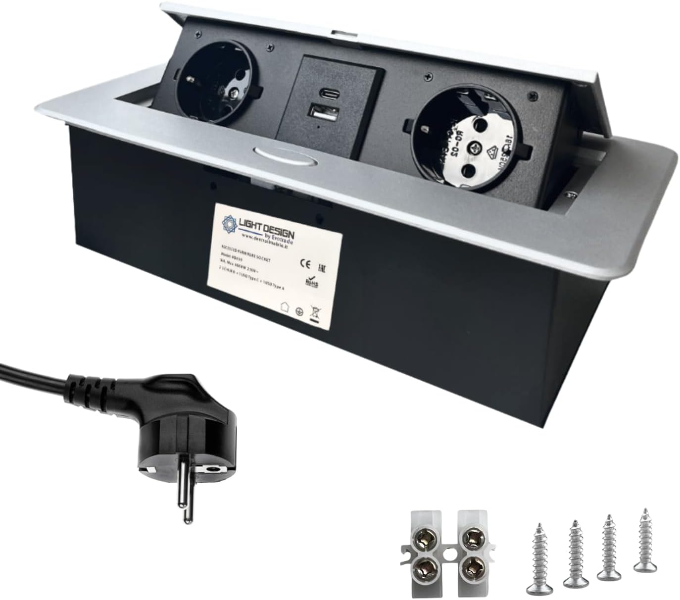 Rengleta Regleta Empotrable con 2 Enchufes SCHUKO + 2 USB (A+C), Cable de 1,5 m ...