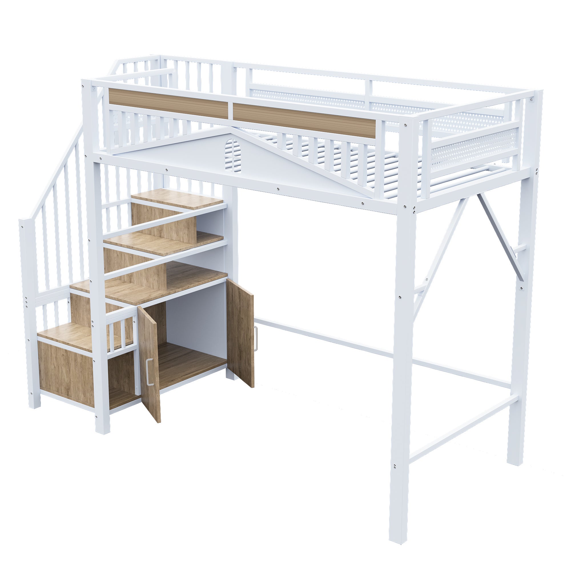 Lit mezzanine métallique 90x200 - avec barrière de sécurité unique, échelle avec penderie - Blanc - 8