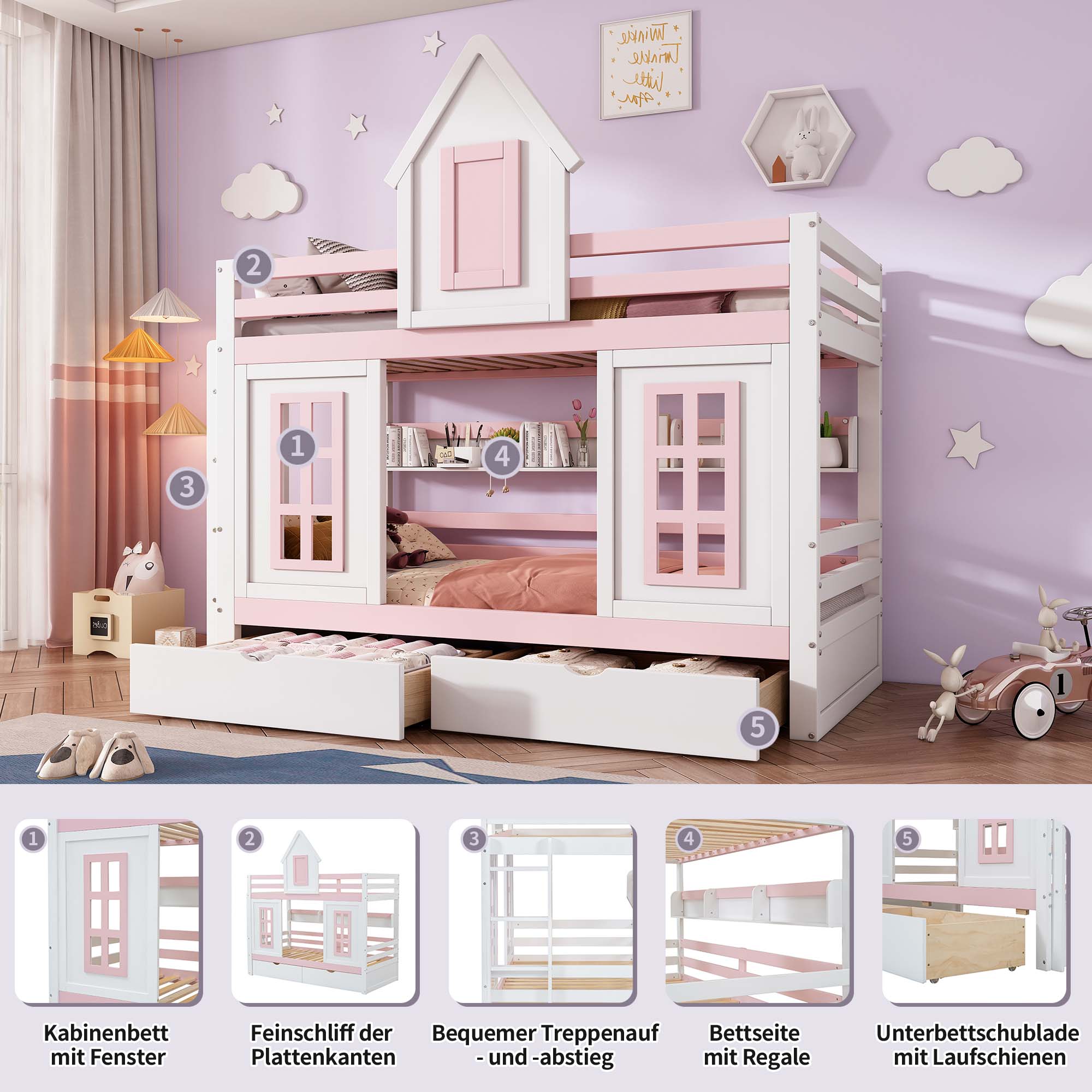 Letto a castello, letto per bambini con tetto e finestra, con sponda di sicurezza, due cassetti con rotelle, ripiano aperto, pino + MDF, bianco + rosa - 5