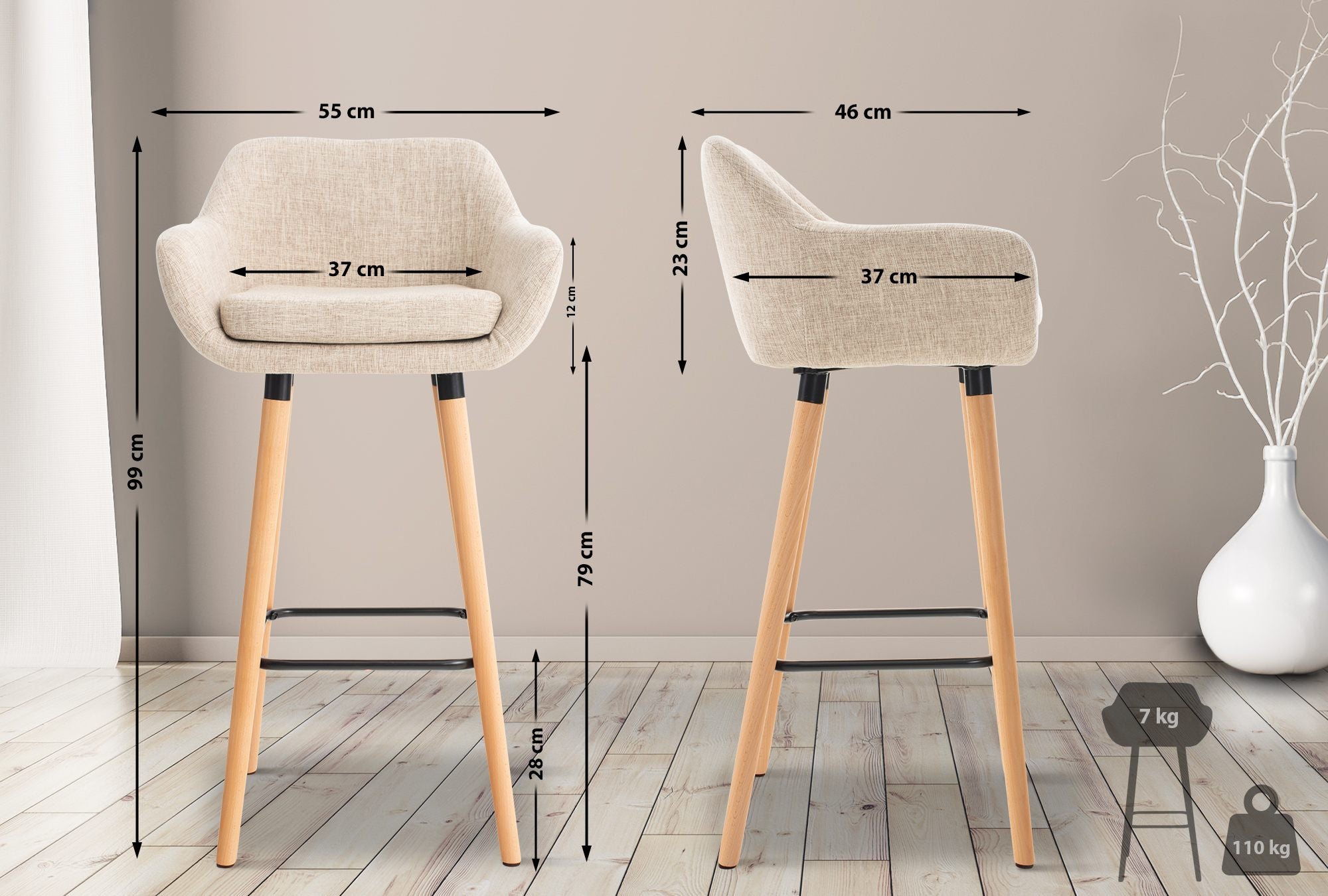 Lot de 2 tabourets de bar Grant tissu crème - 2
