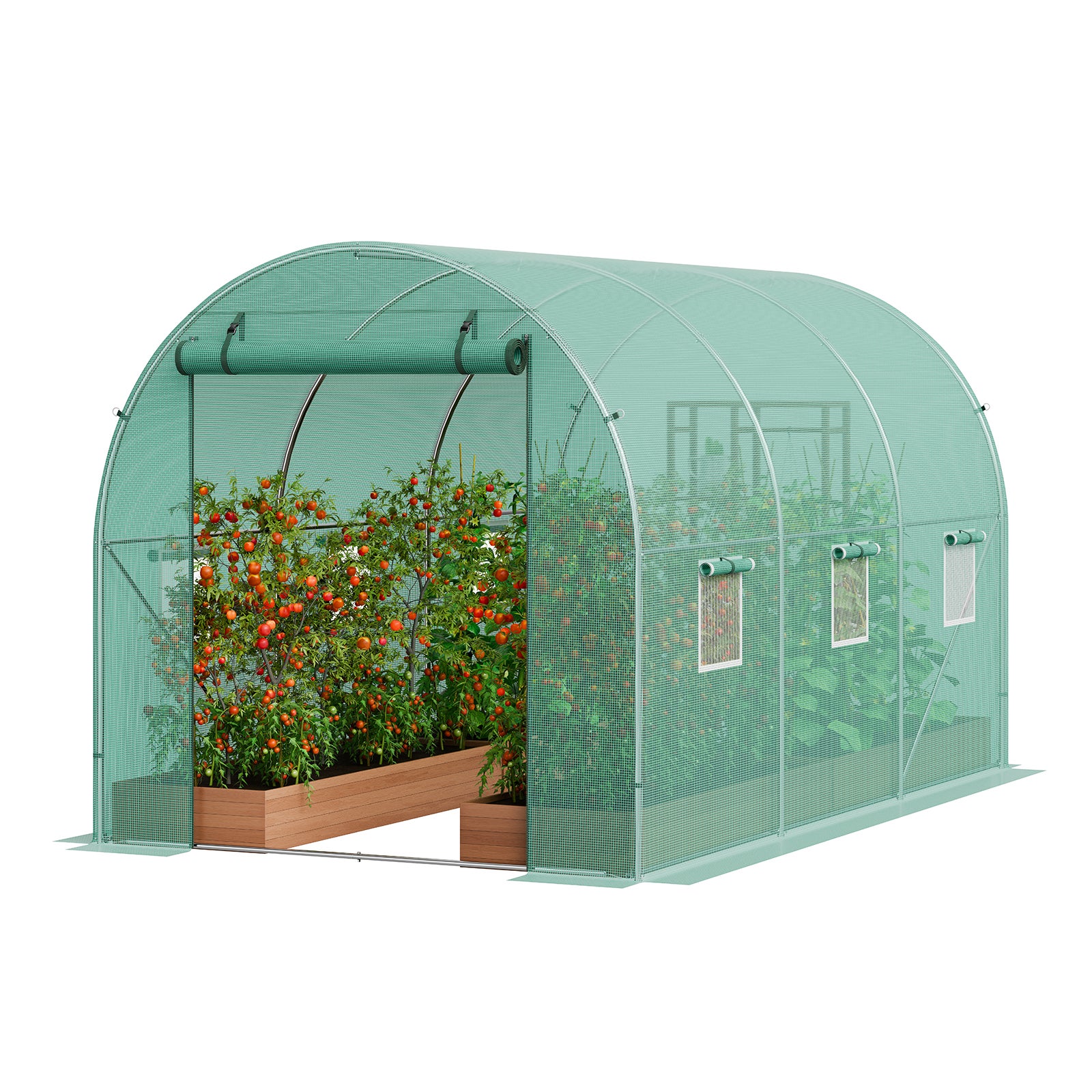 Serre tunnel SucceBuy 3,4 x 1,9 x 1,9 m pour plantes cadre en acier galvanisé,couverture en PE vert porte à fermeture éclair enroulable et 6 fenêtres - 3