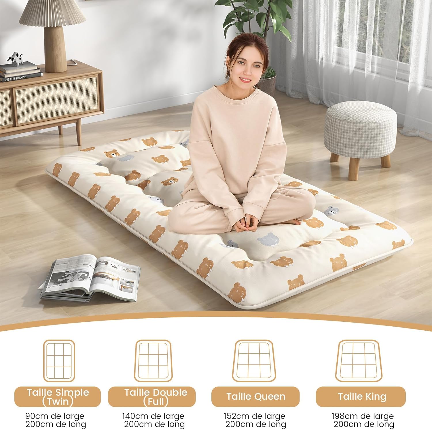 Matelas Futon Japonais Roulable 100x200cm - Épaisseur 10cm - Pour Sol, Canapé, Chambre - Tissu Respirant - Couleur Orange
