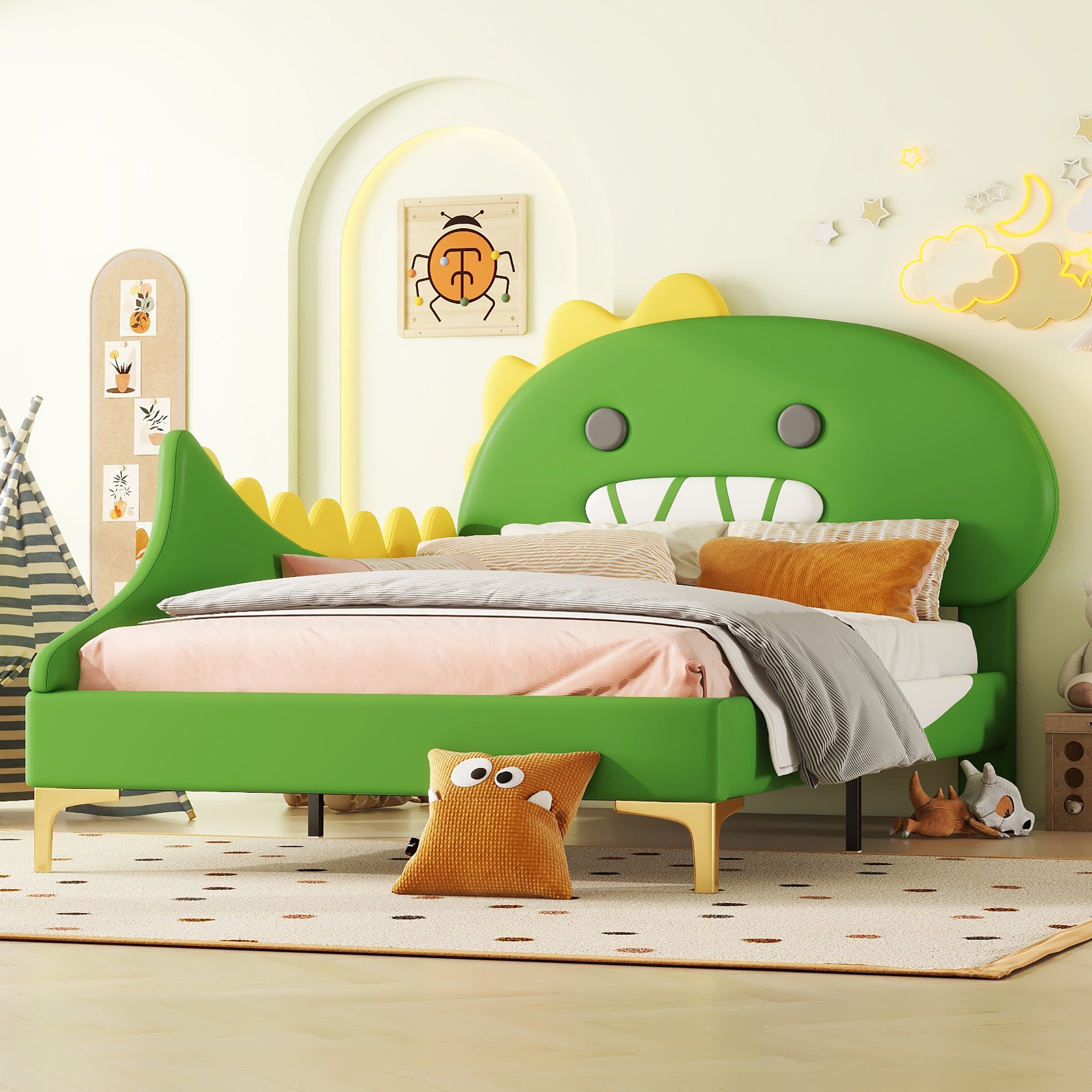 Łóżko dziecięce 90x200 cm - kształt dinozaura - imitacja skóry - Zielony