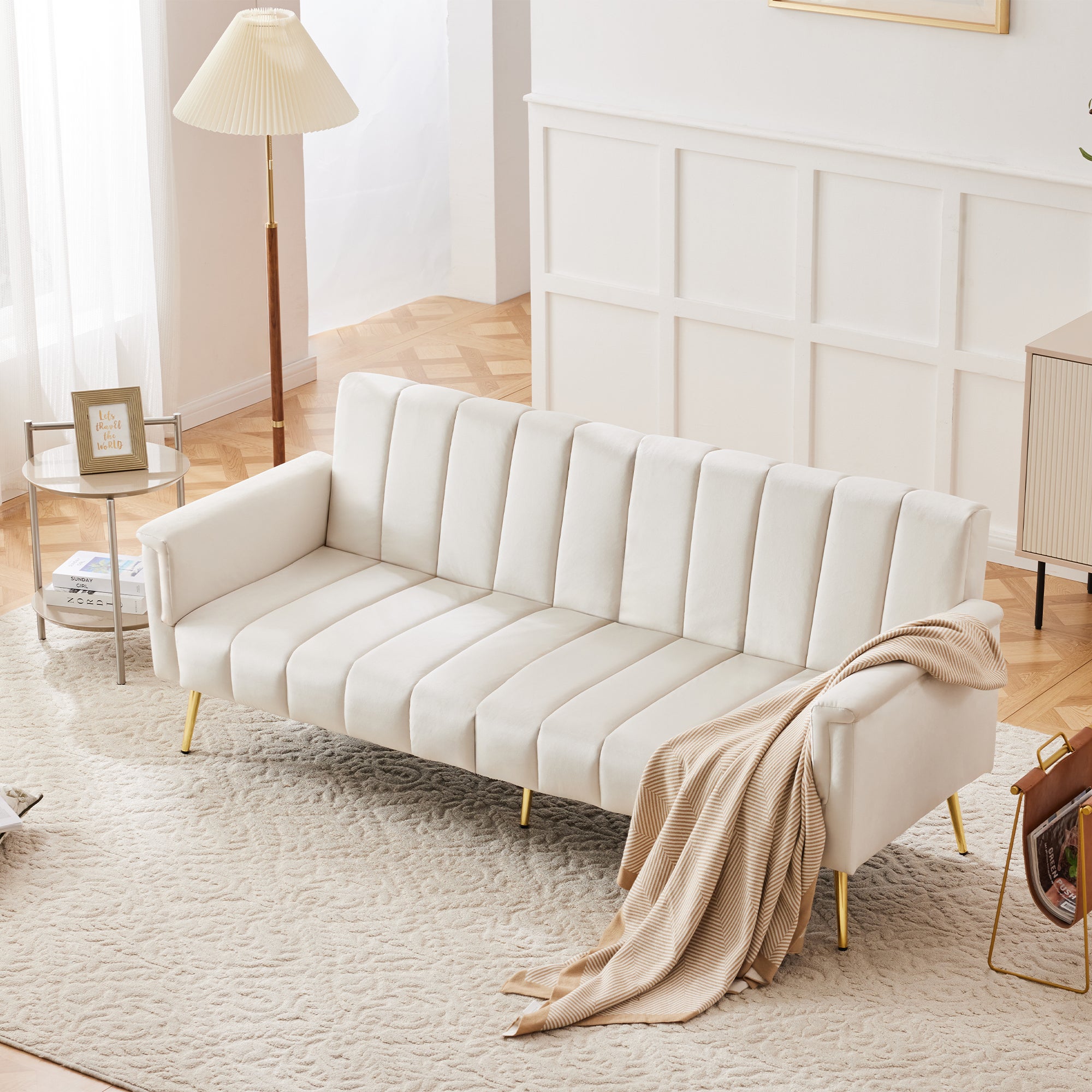Canapé convertible 2 places avec pieds auxiliaires et fonction couchage, 183x76x75 cm, tissu velours, beige - 5