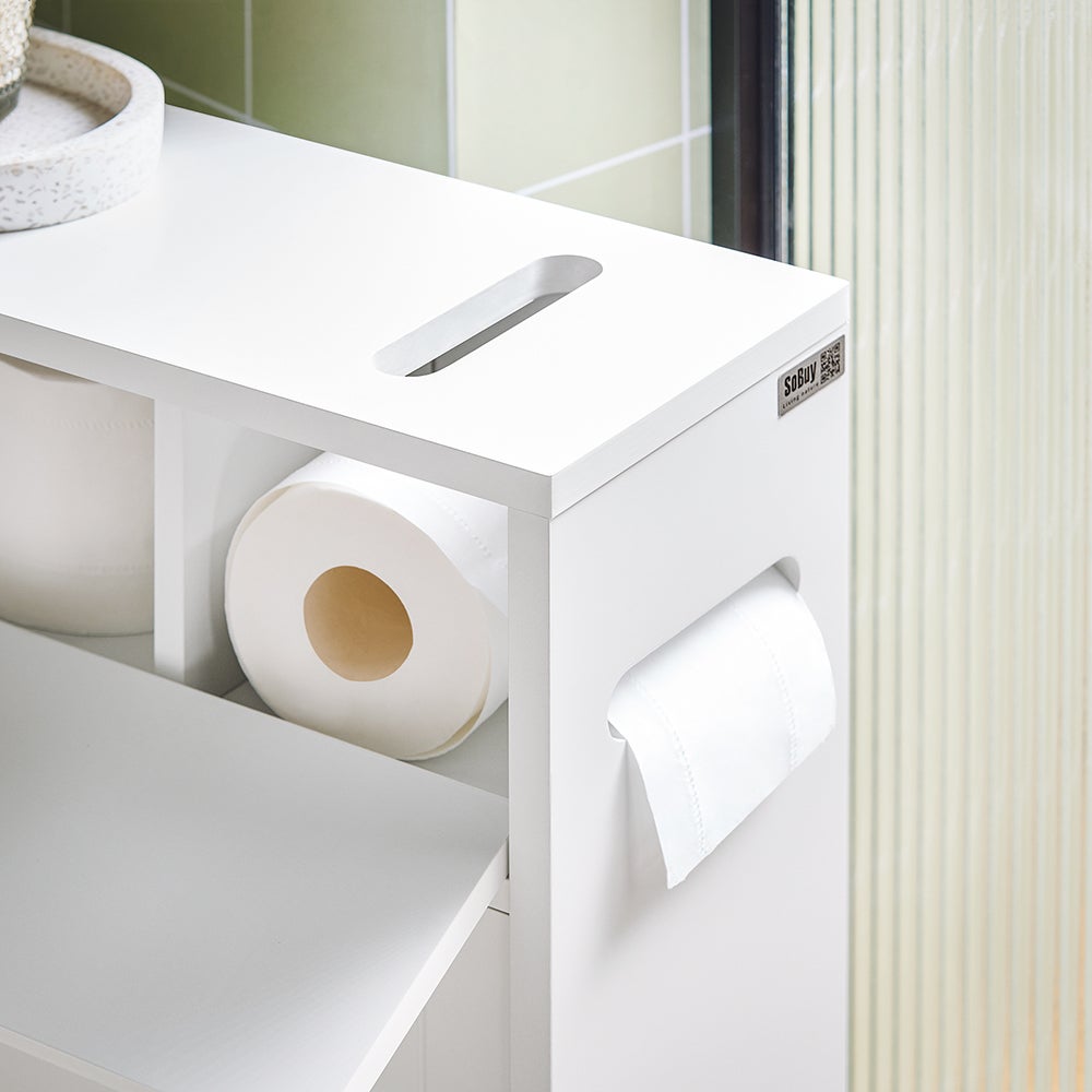 SoBuy BZR31-W - Meuble Rangement WC Étroits Sur Roulettes - Armoire Salle De Bain Compacte Avec Portes Coulissantes Et Support Papier Toilette, Blanc