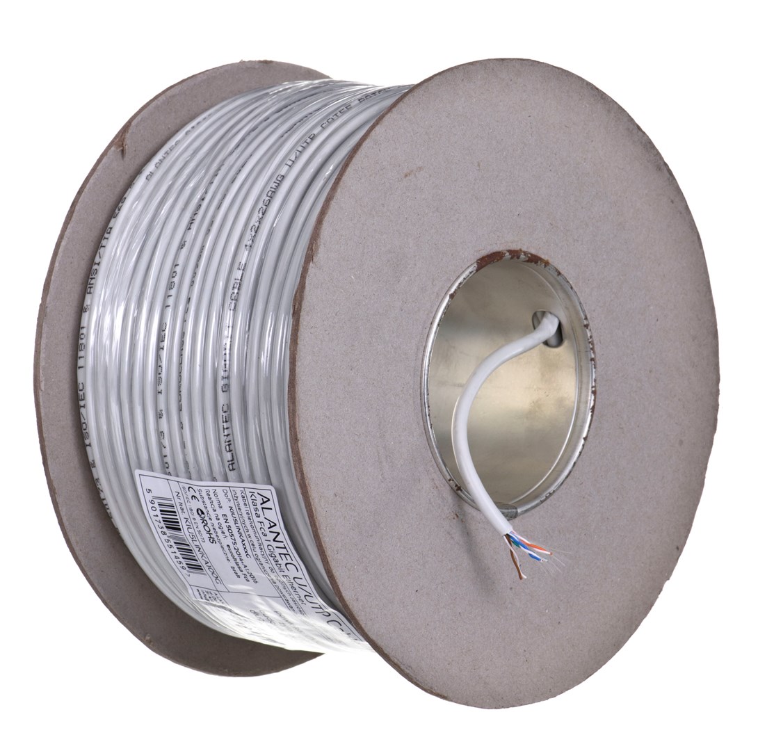Kabel sieciowy U/UTP kat.5e skrętka 4x2x0,48mm wewnętrzny PVC szary linka Alantec 100m