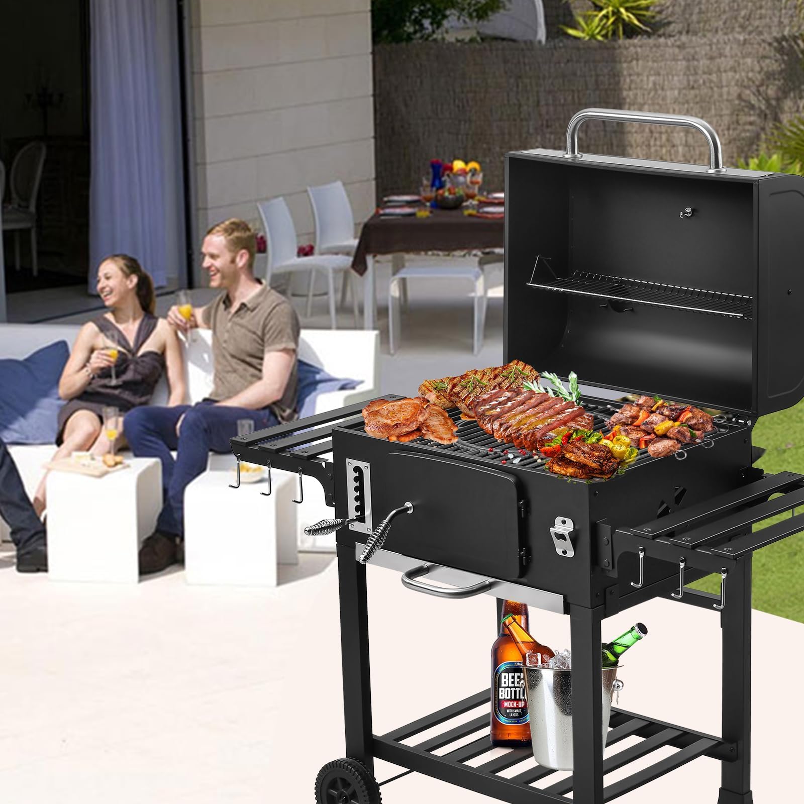 TEENO Chariot barbecue au charbon XXL, grand four à fumigation, noir - 4