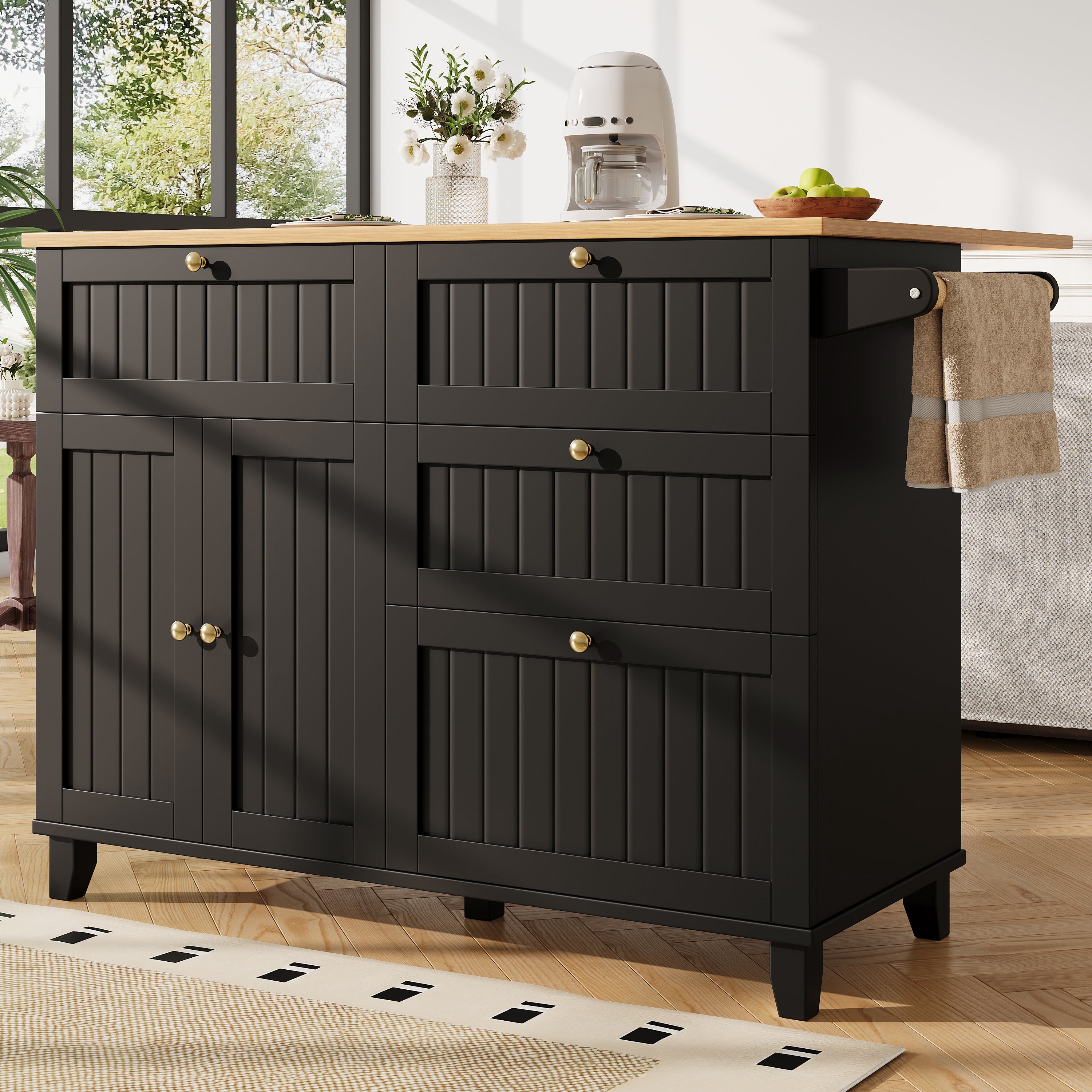 Ilot central de cuisine mobile avec 2 portes, 3 tiroirs et porte-serviette - Plateau extensible - 120.8x37.3/70x88cm - MDF - Noir + naturel - 4
