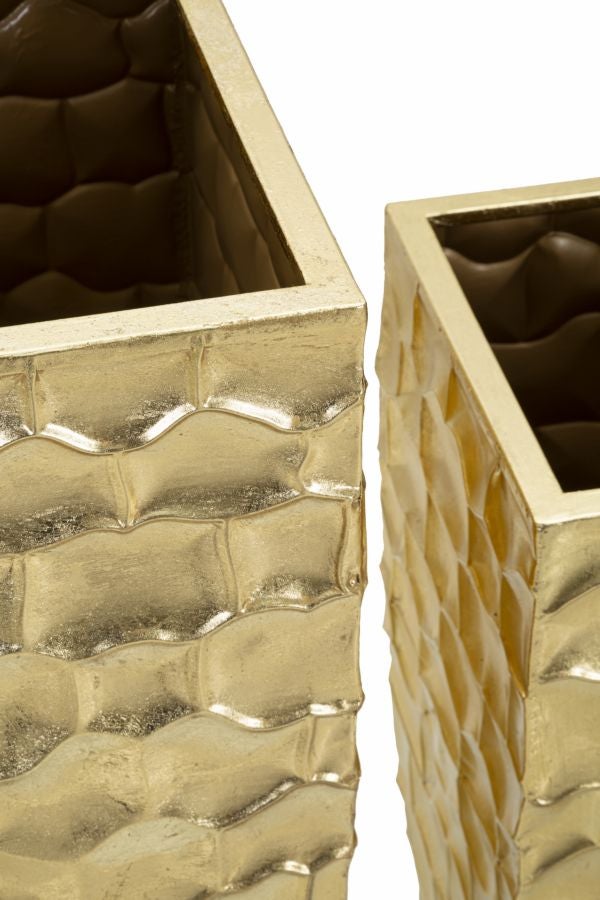 Conjunto de 3 vasos quadrados dourados Glody - Trio com decorações irregulares em relevo em estilo glamoroso - 3